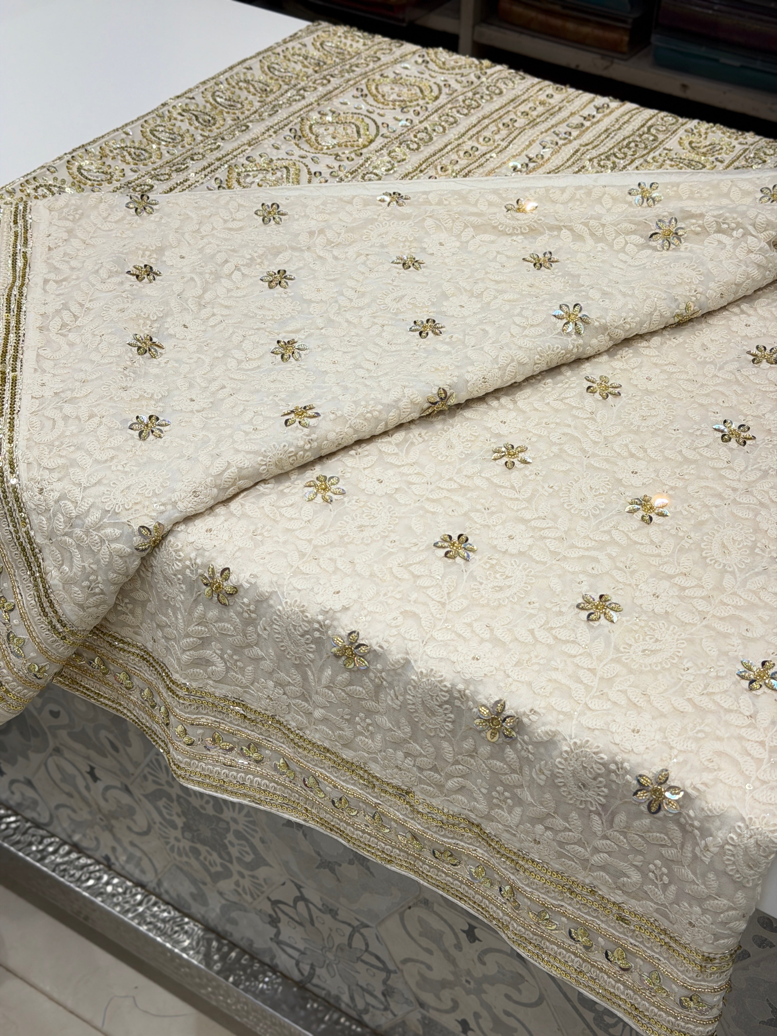 Moti White Chikankari Georgette Pita Sequin Hand Embroidery Saree
