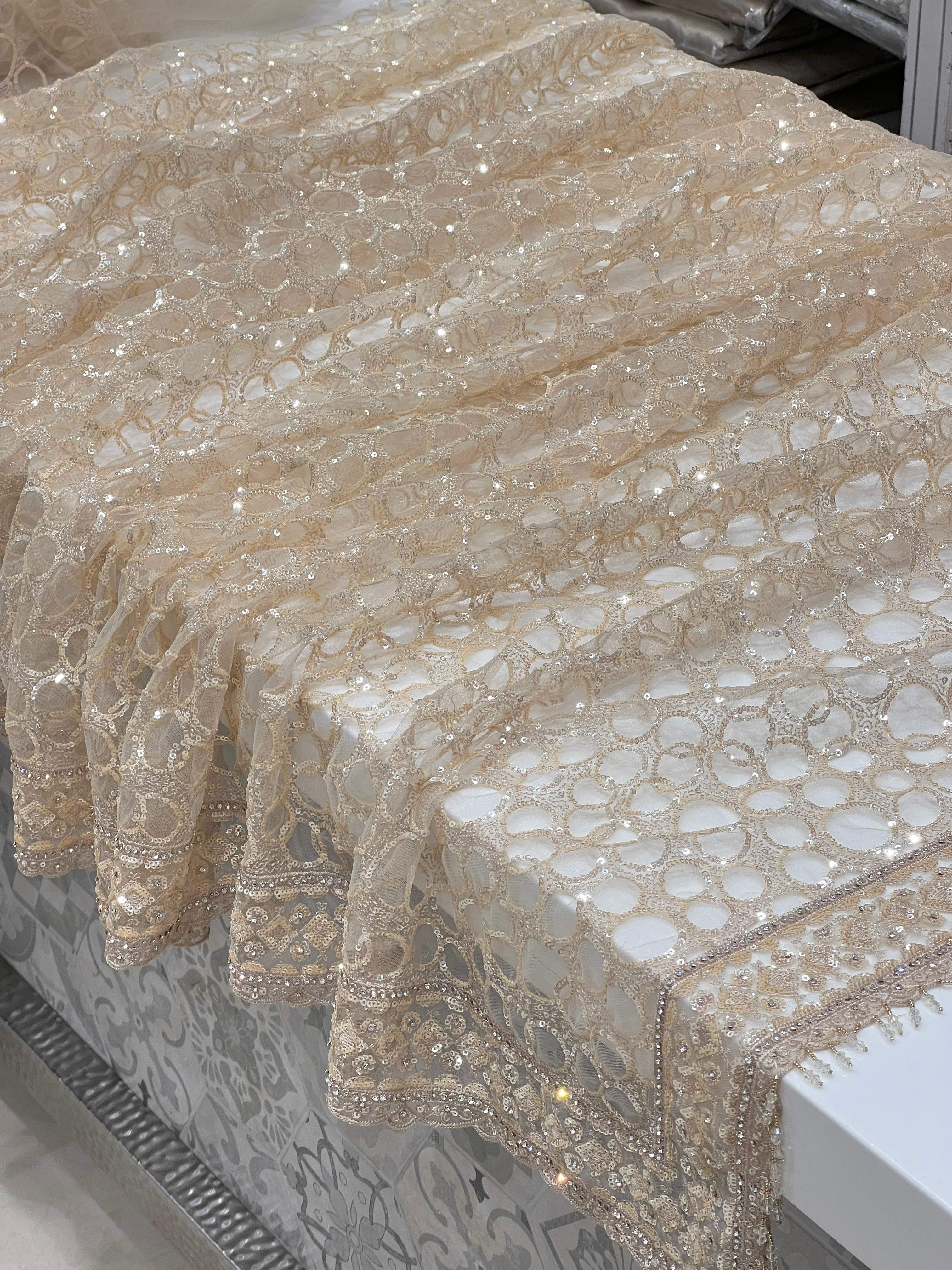 Gold Net Embroidery Sequin Saree with Ready Blouse