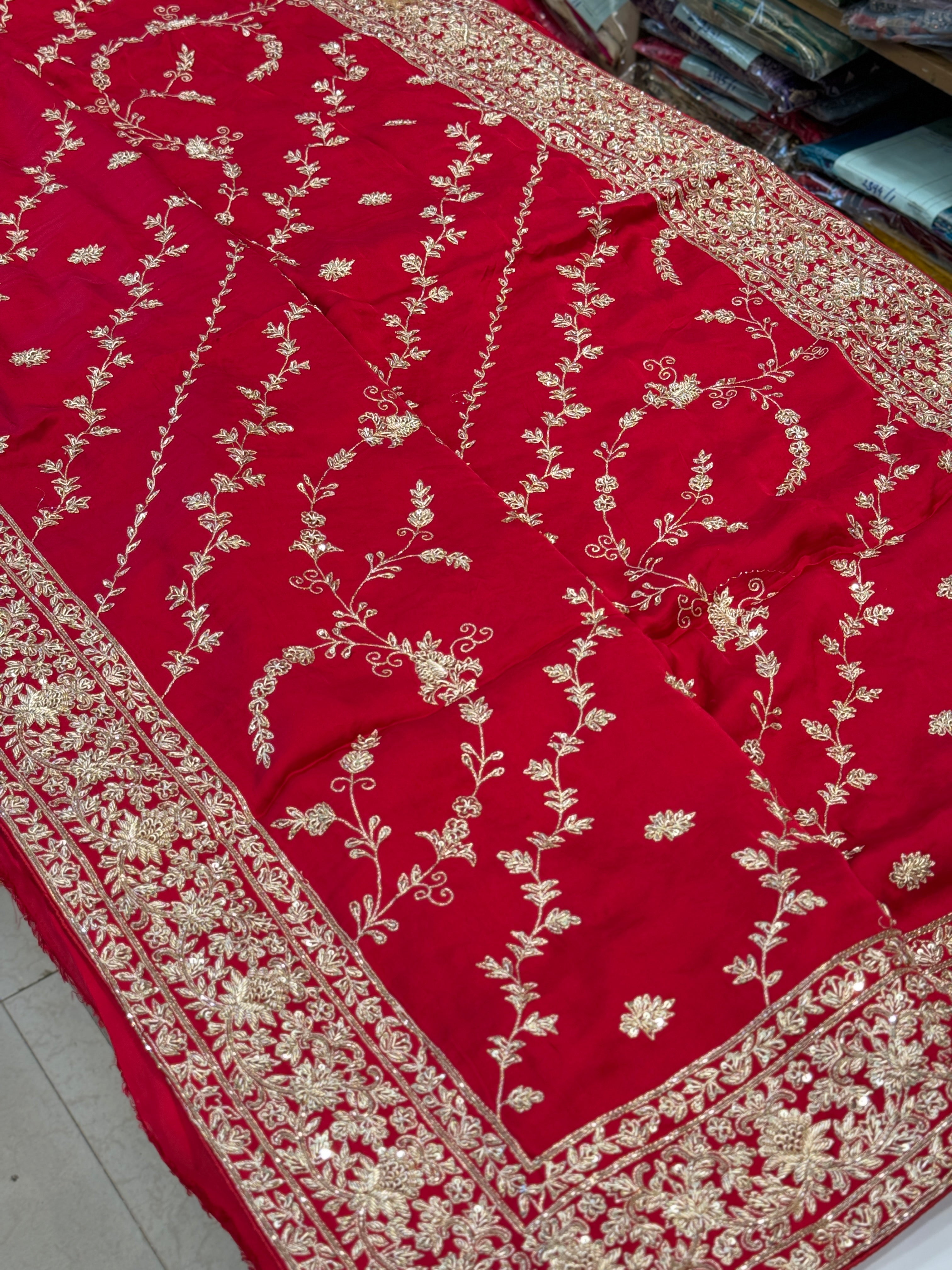 Red Leheriya Jaal Satin Hand Embroidery Zardosi Saree