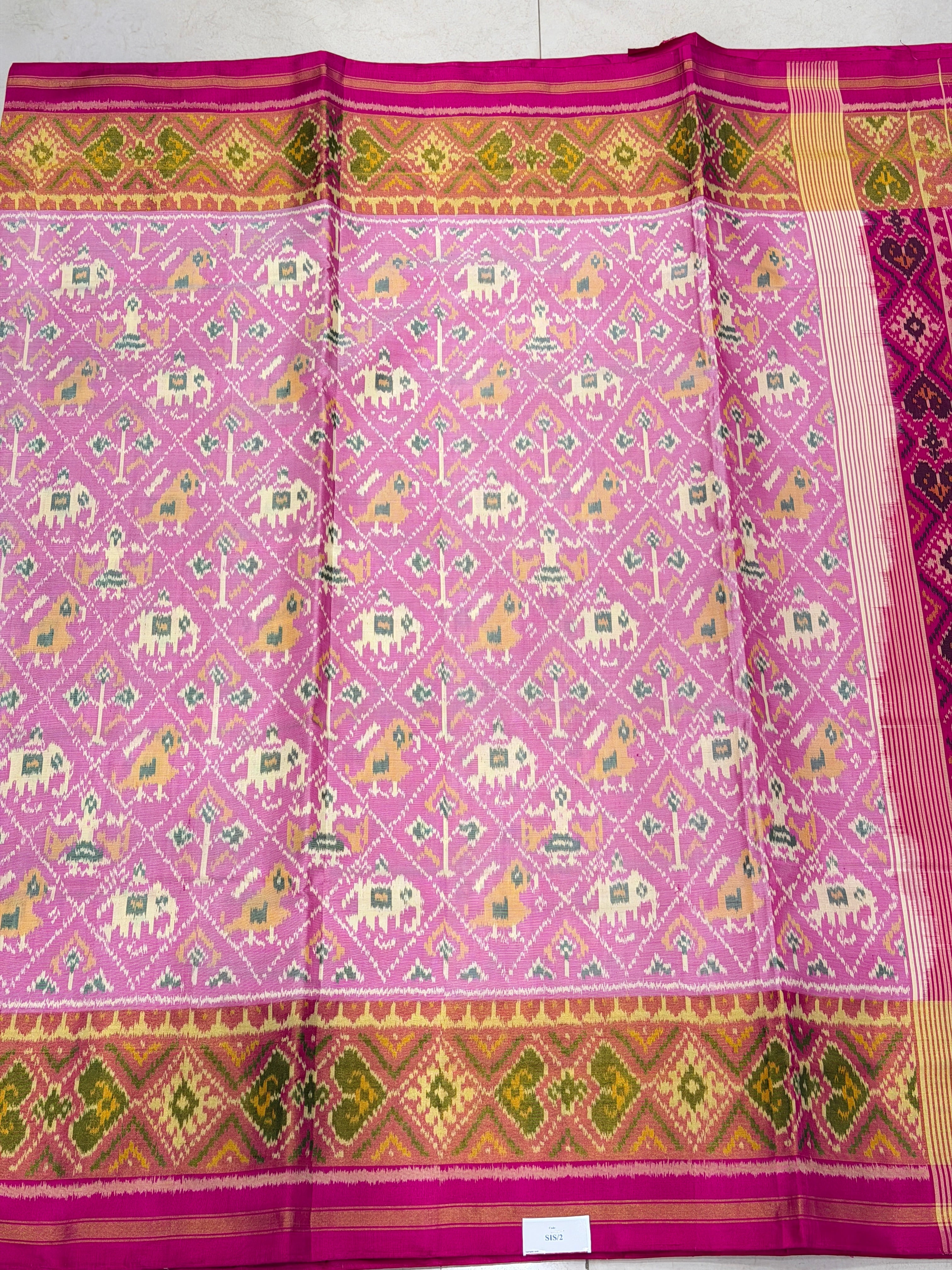 White Pink Elephant Chabdi Handloom Rajot Ikat Patola Silk Saree