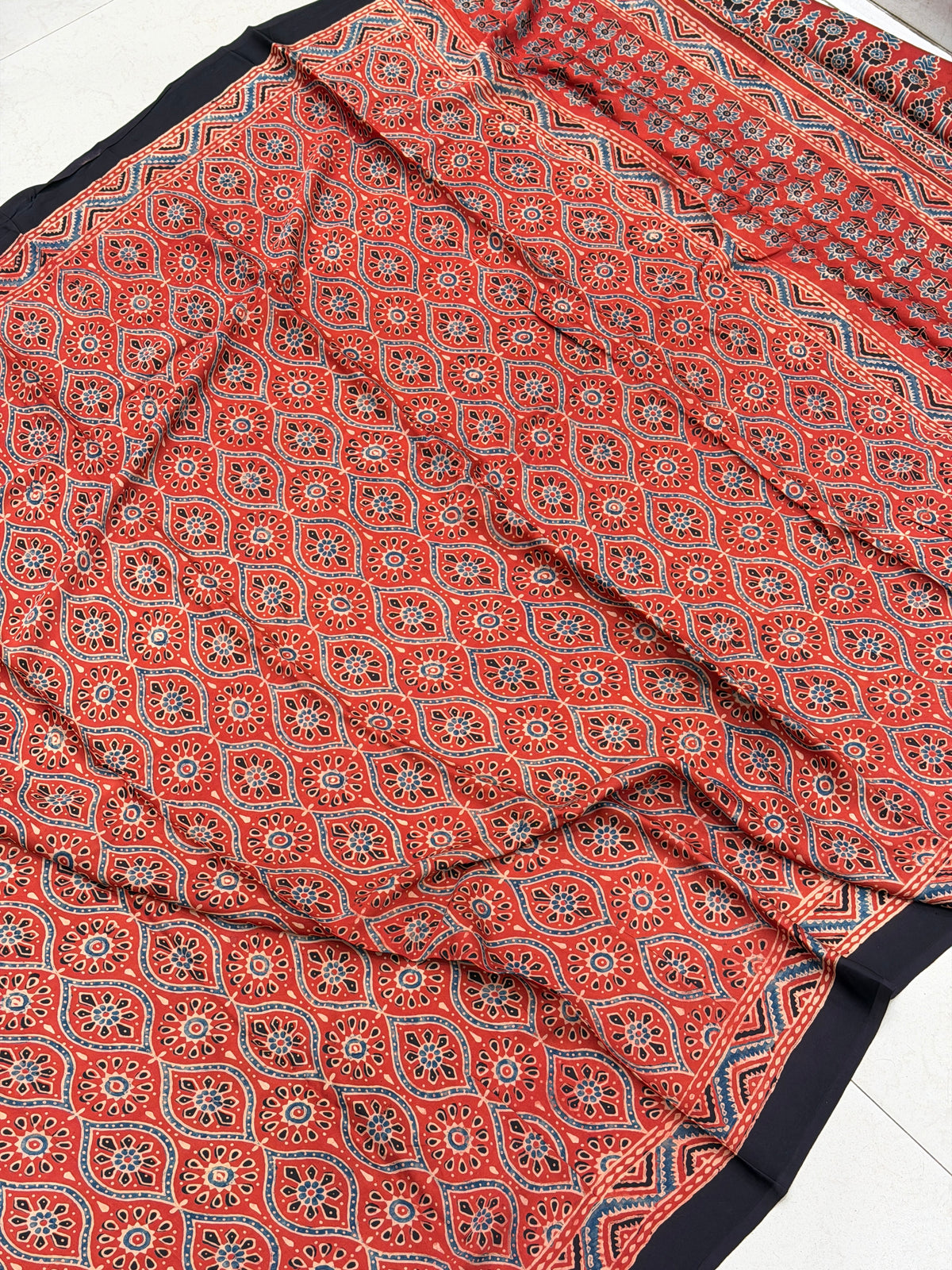 Red Badam Jaal Ajrakh Hand Block Print Pure Gajji Silk Dupatta