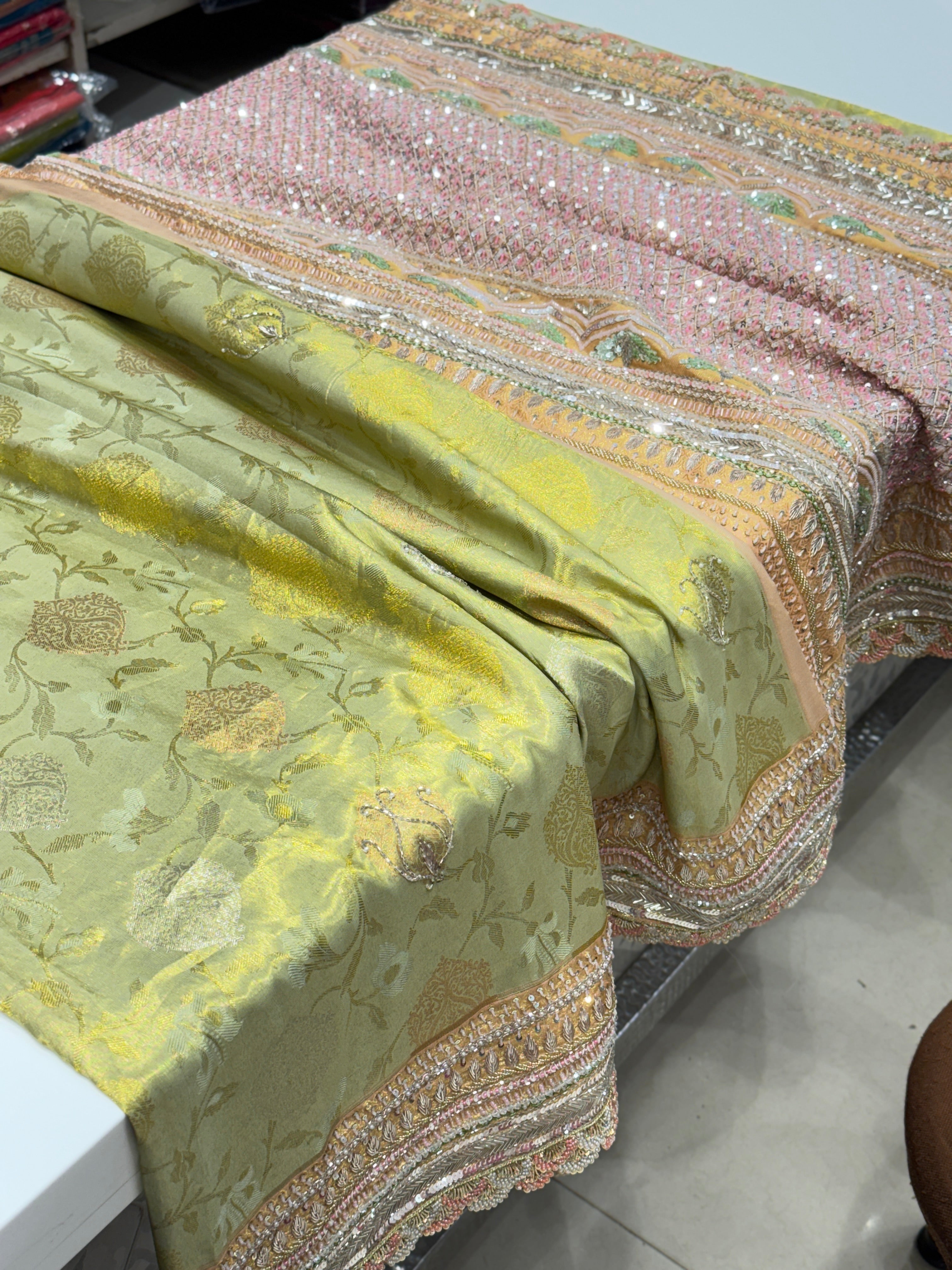 Green Peach Woven Kanjivaram Zardosi Hand Embroidery Saree