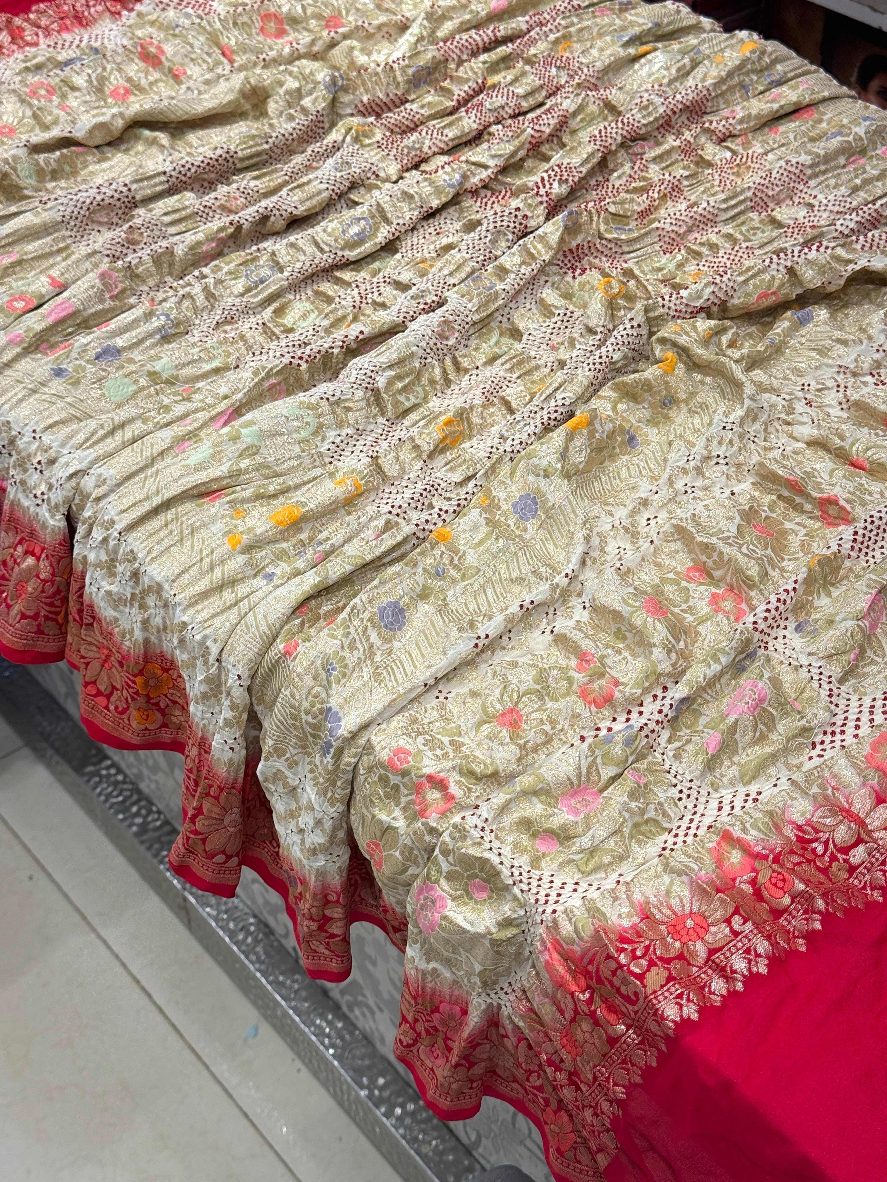 Beige Red Checks Meenakari Handloom Bandhej Dupatta