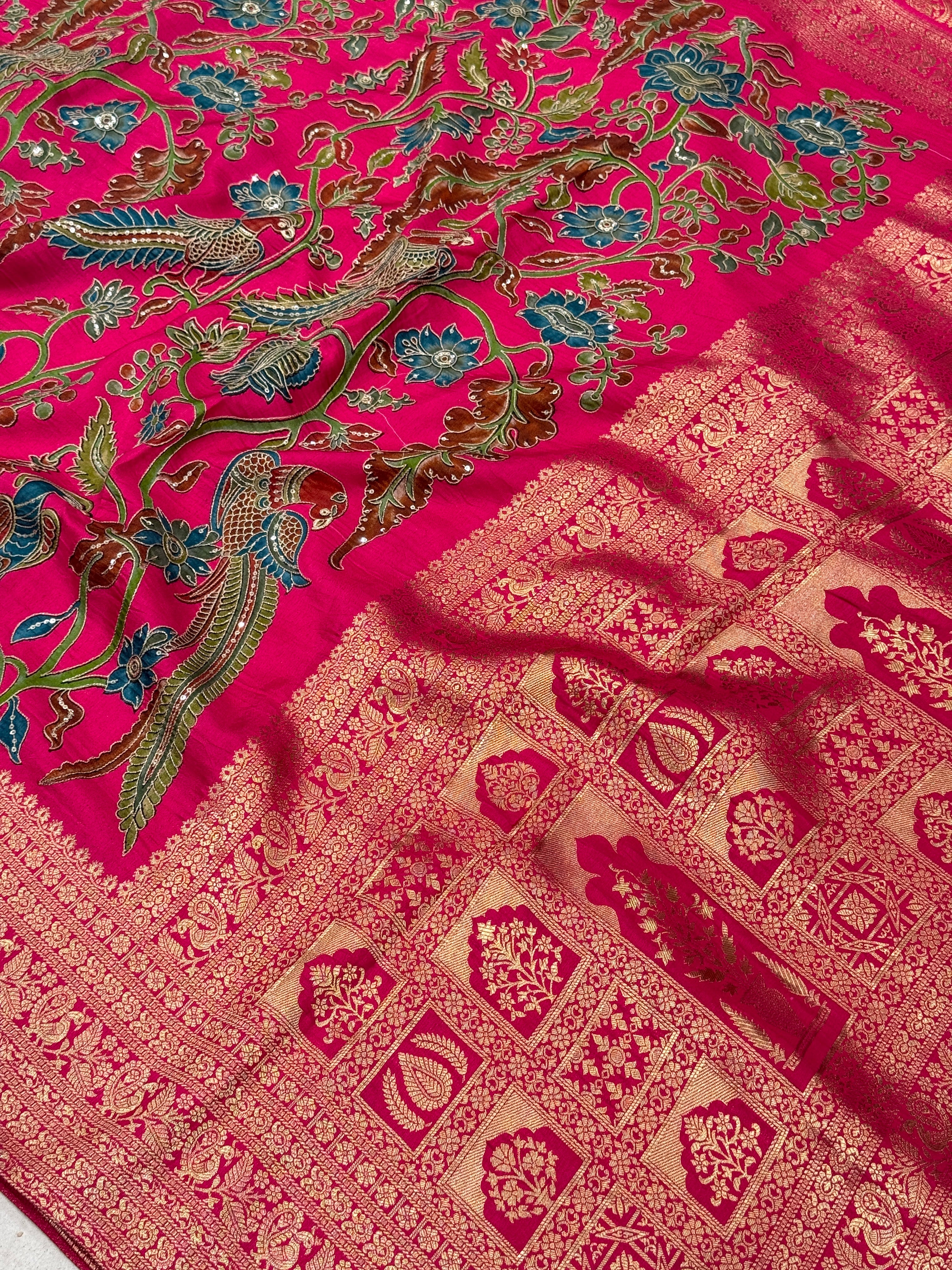 Rani Kalamkari Weave Banarasi Munga Pita Embroidery Saree