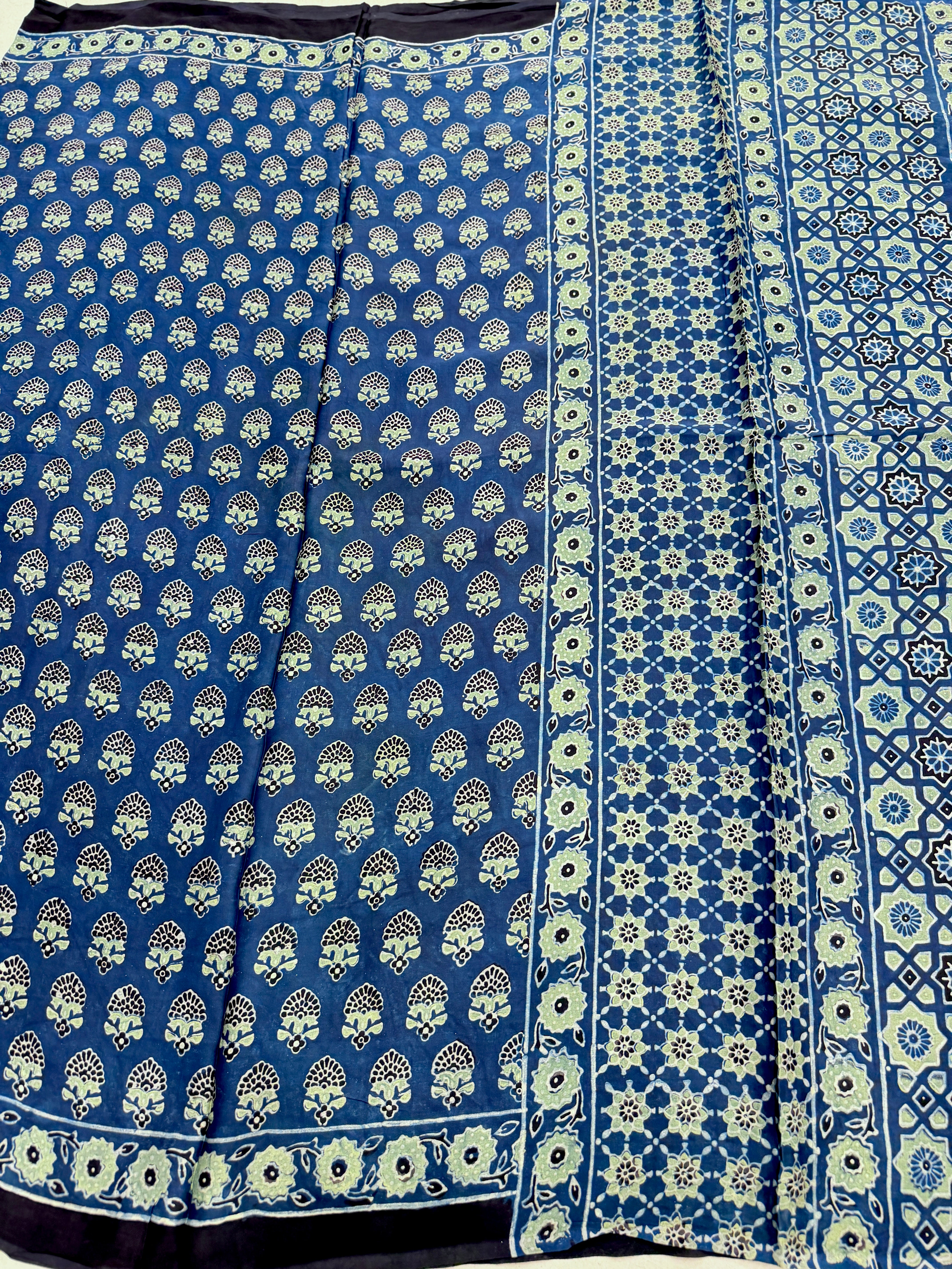 Blue Buttis Ajrakh Hand Block Print Pure Gajji Silk Saree
