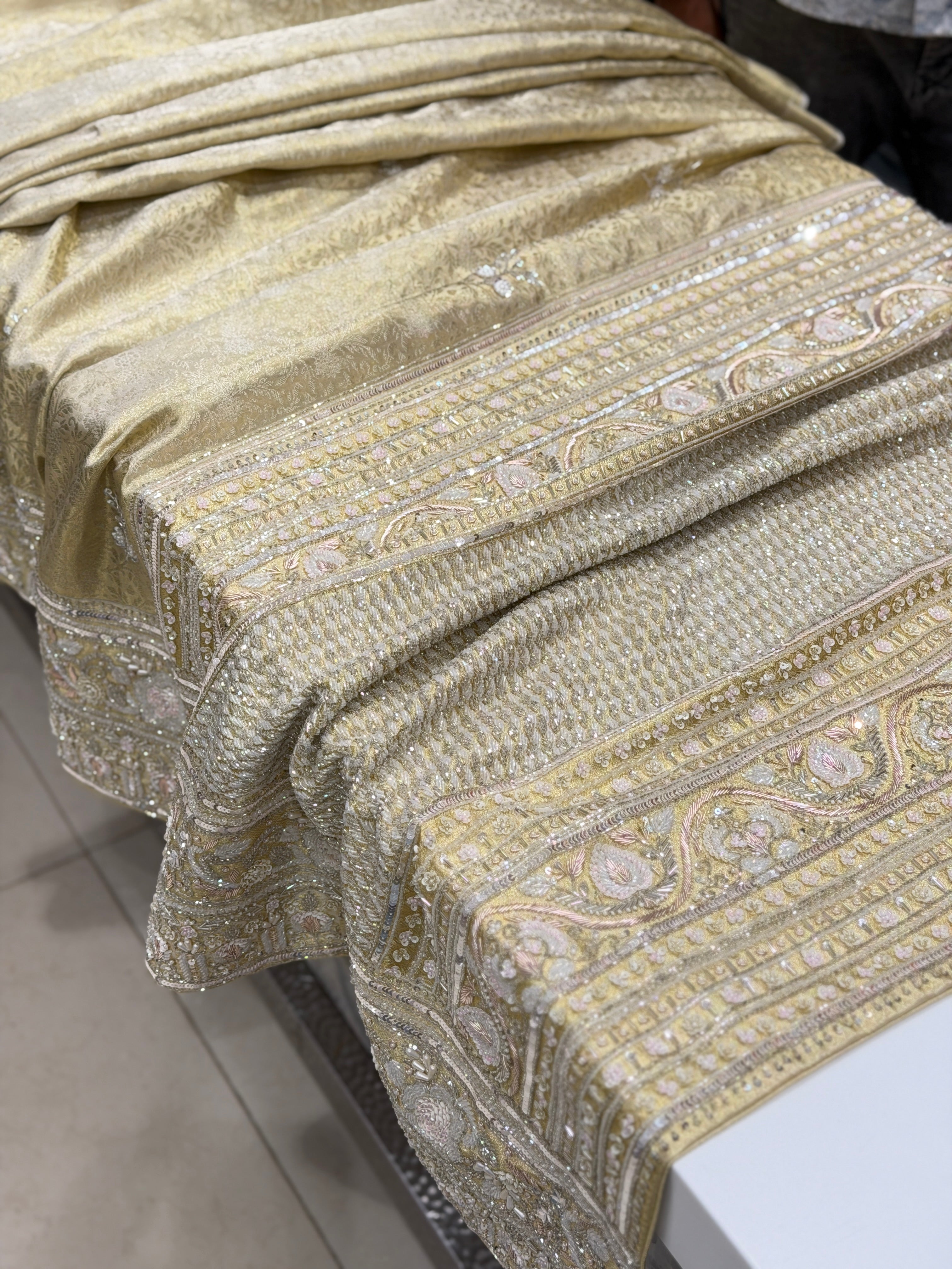 Light Golden Kanjivaram Moti Zardosi Hand Embroidery Saree