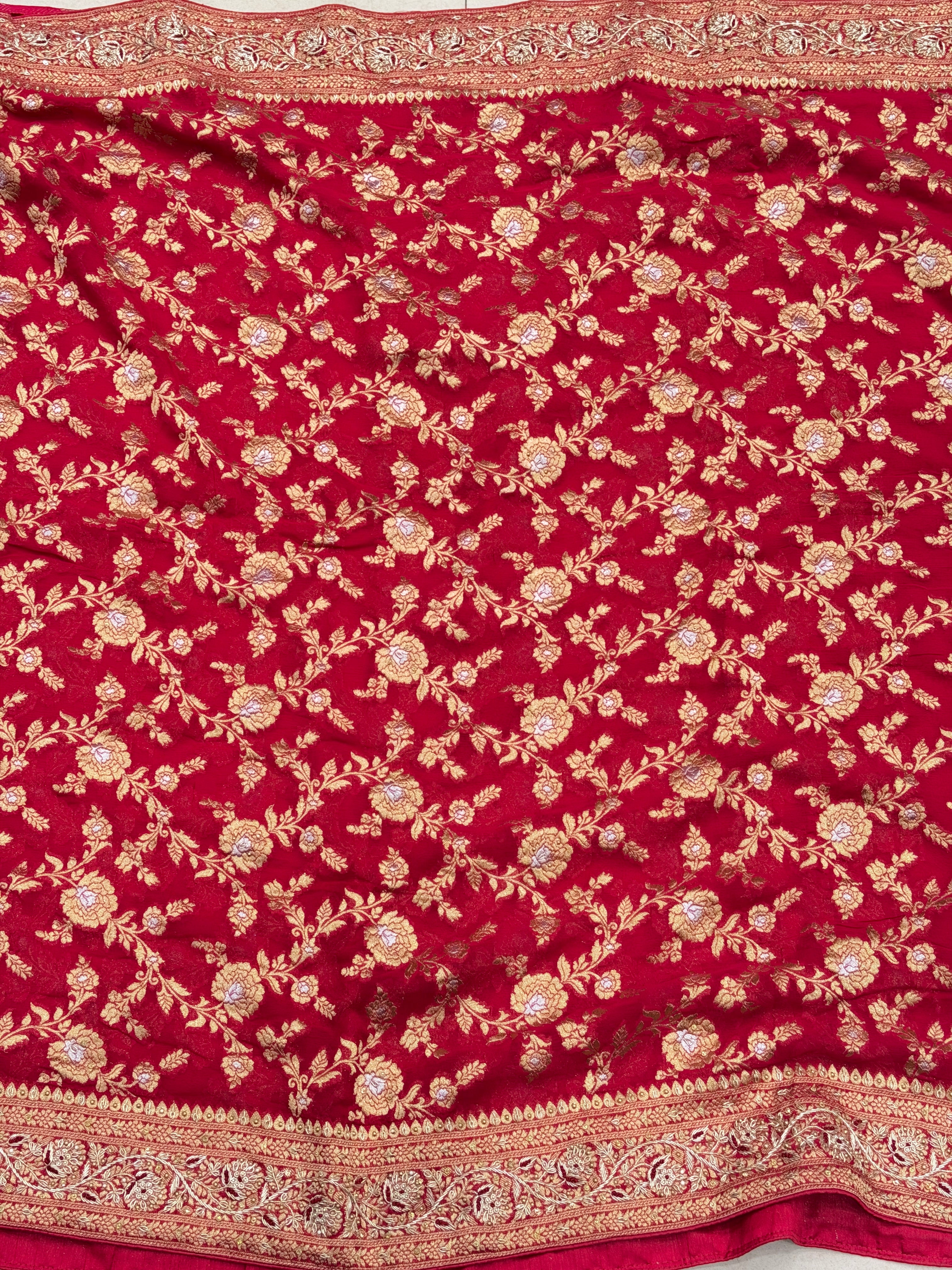 Rani Pink Banarasi Khaddi Georgette Zardosi Hand Embroidery Saree