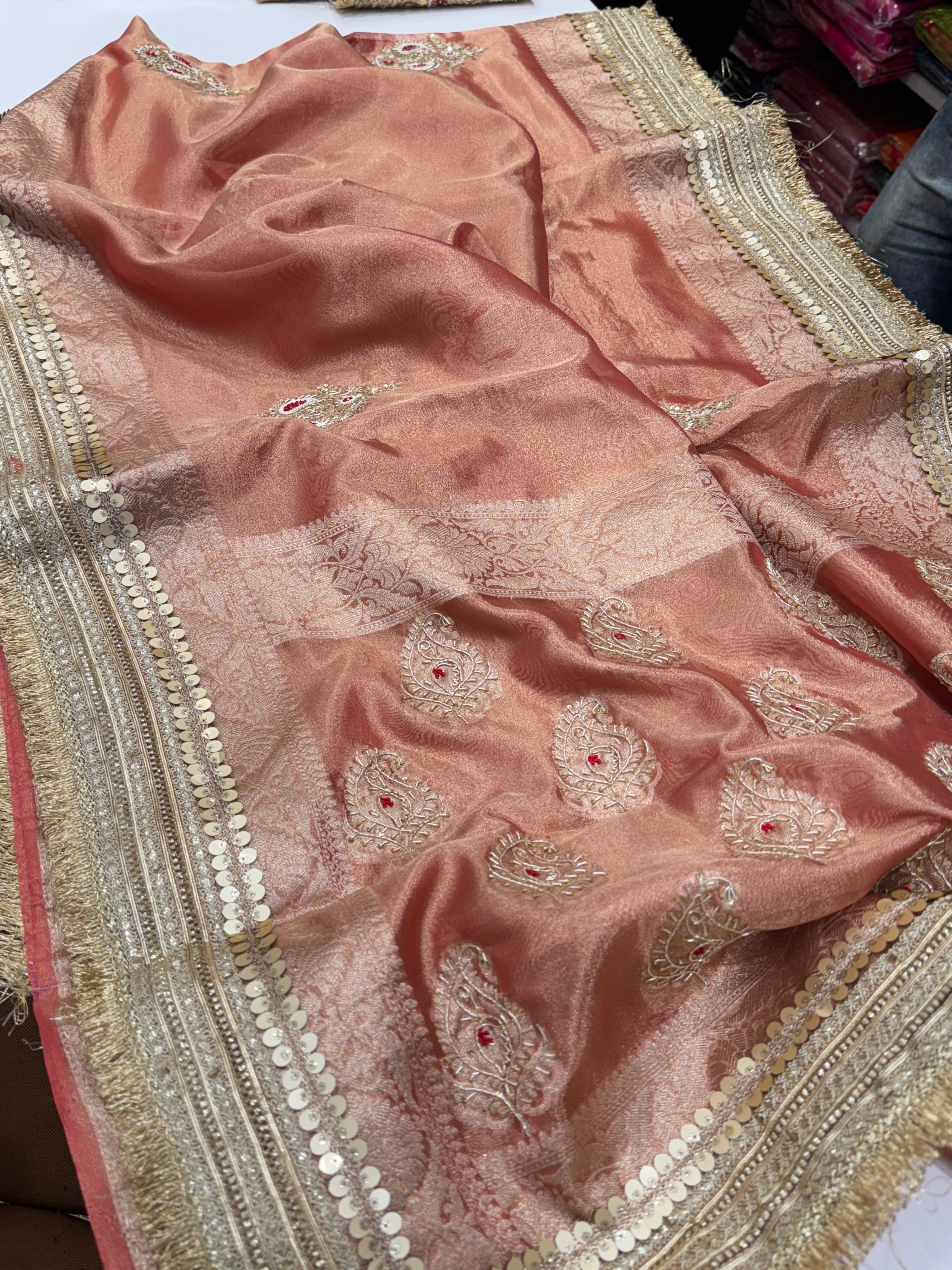 Reddish Pink Tissue Zardozi Butta Saree Maharani