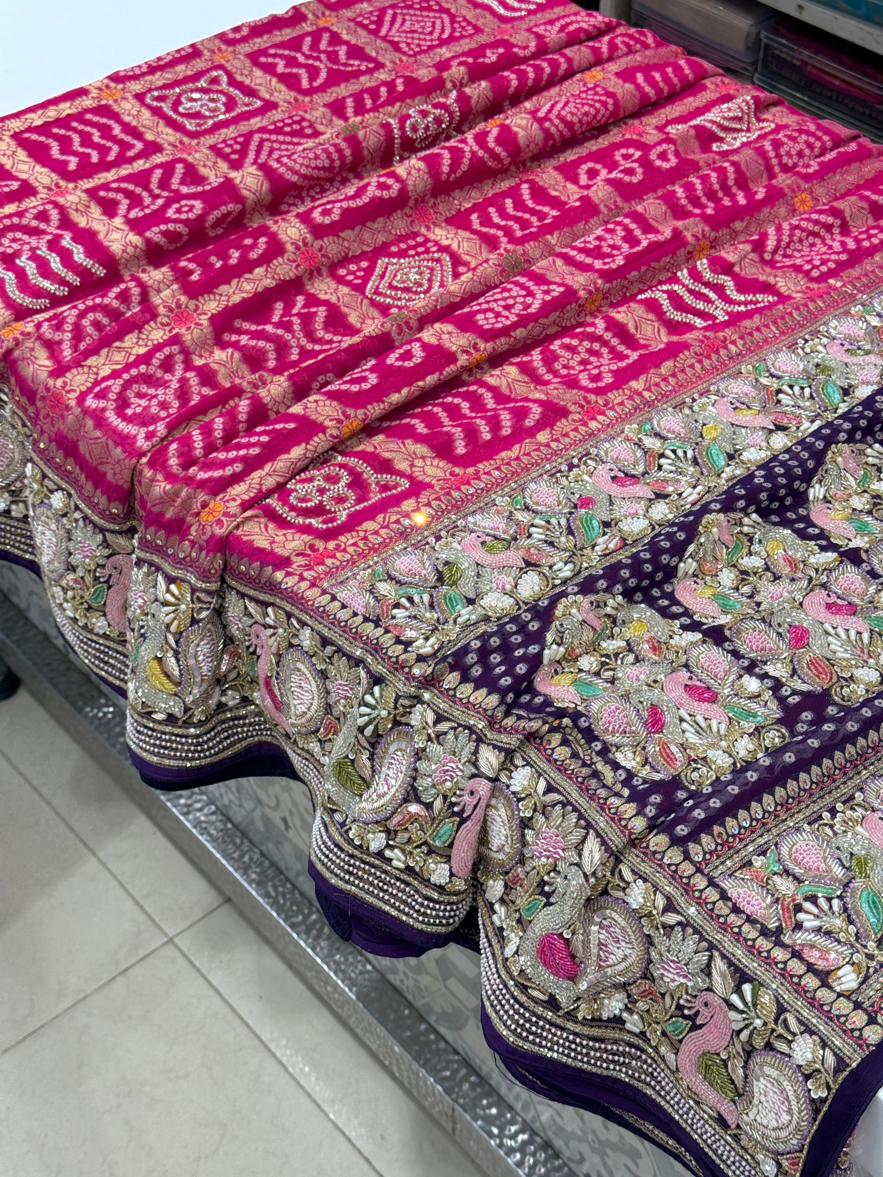 Rani Purple Gharchola Moti Sequin Zardosi Hand Embroidery Georgette Saree