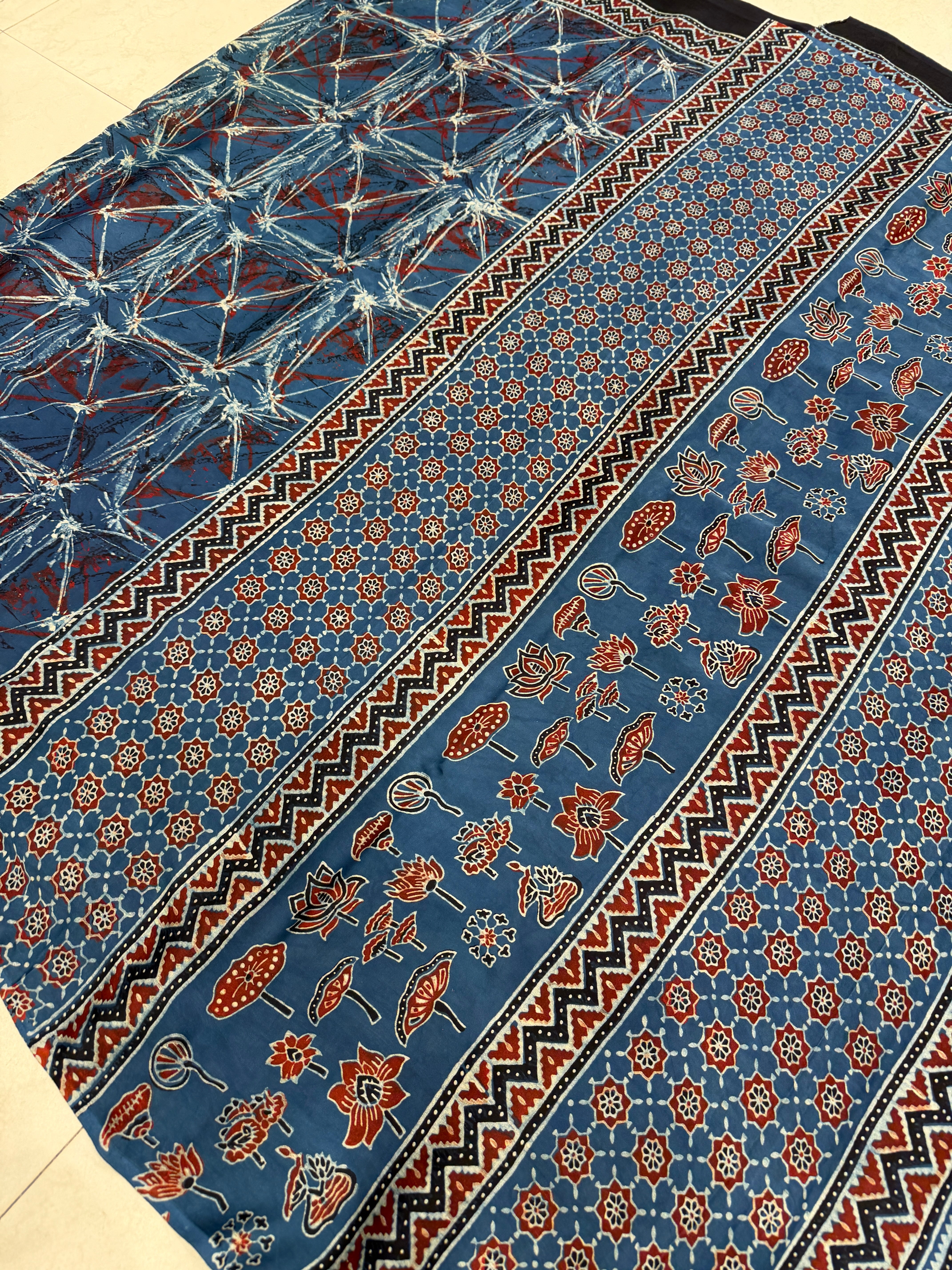 Blue Contemporary Ajrakh Hand Block Print Pure Gajji Silk Saree