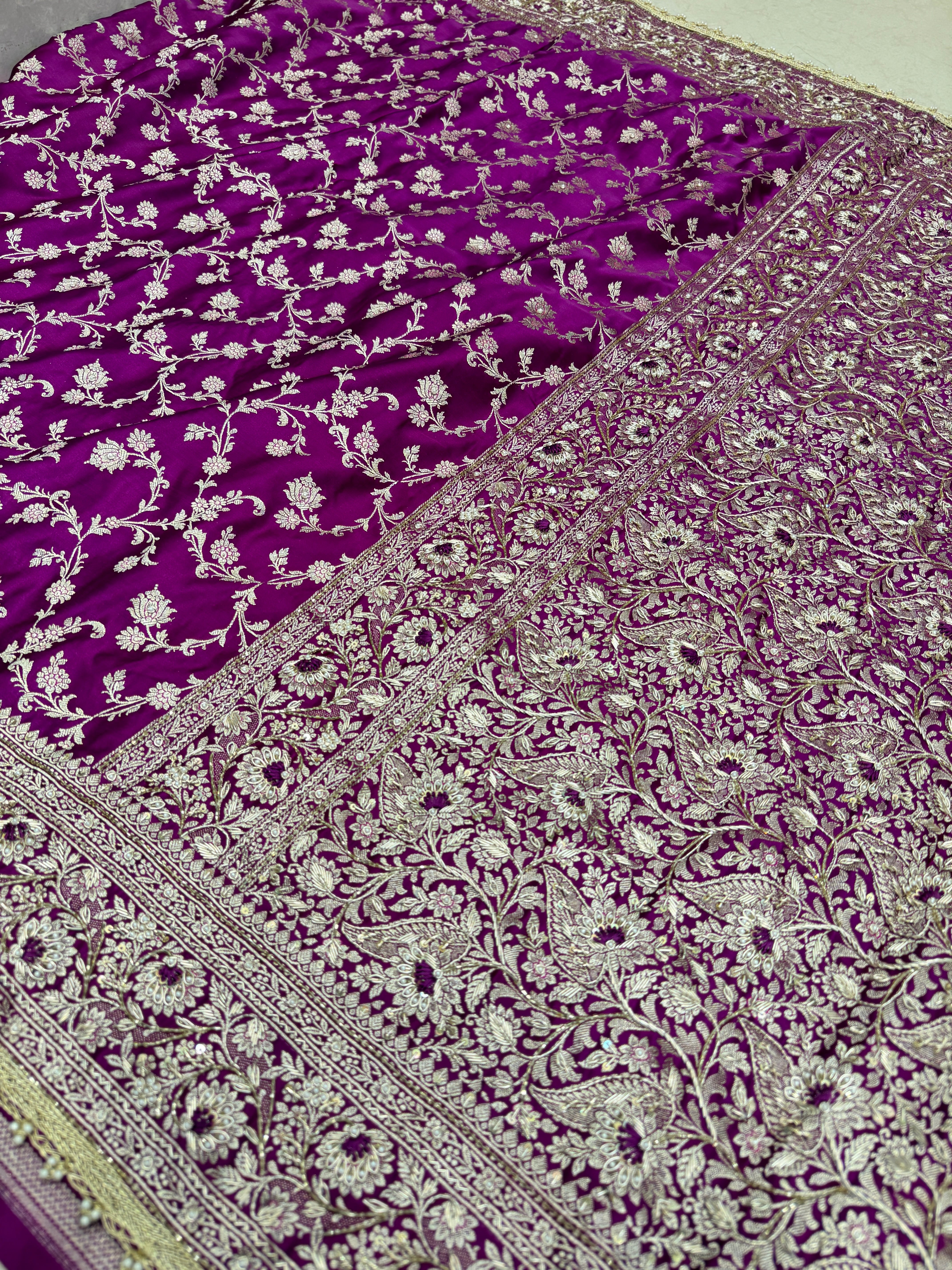 Wine Banarasi Upside Down Hand Embroidery Zardosi Resham Saree