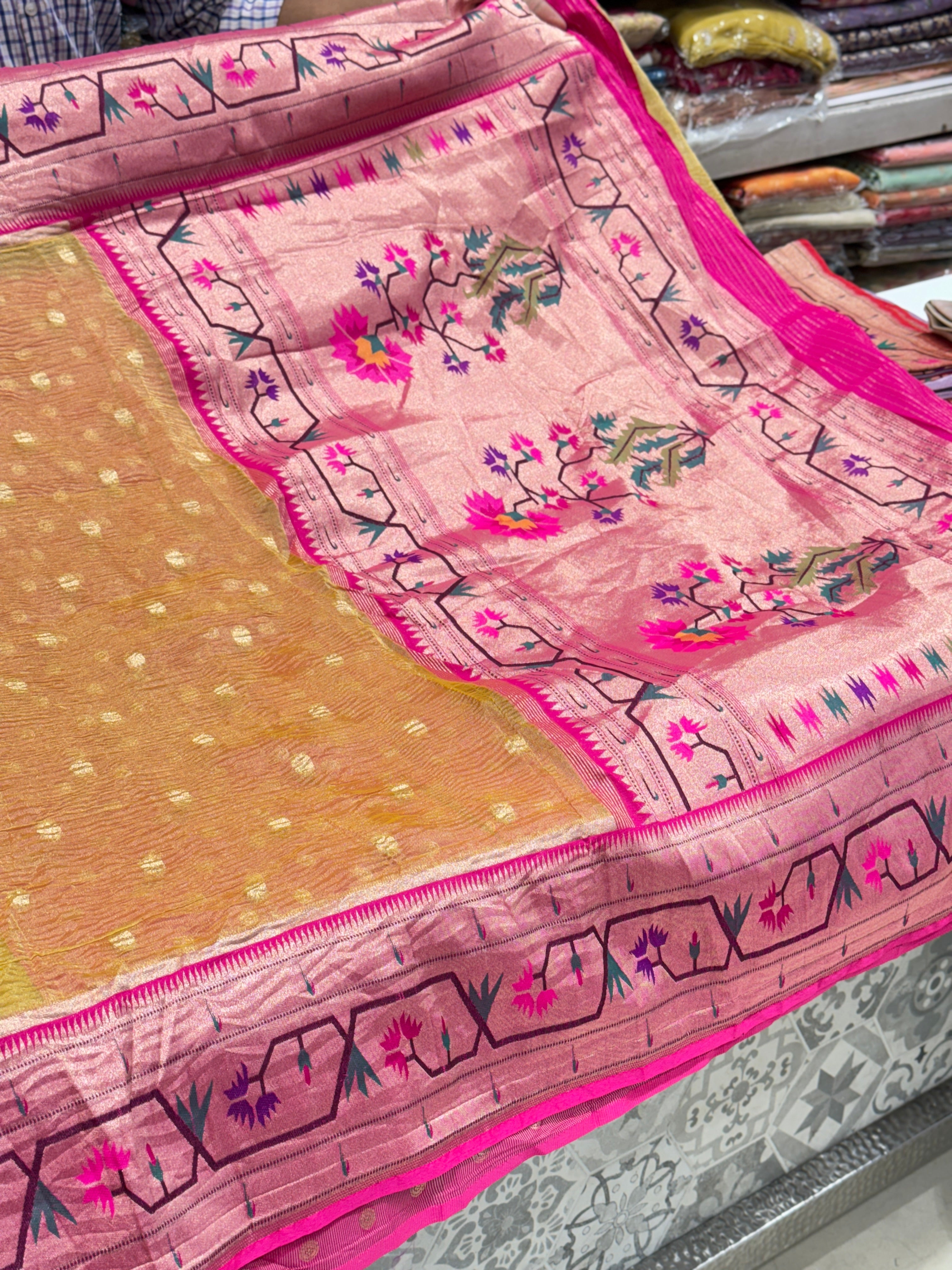 Yellow Crushed Tissue Paithani Saree