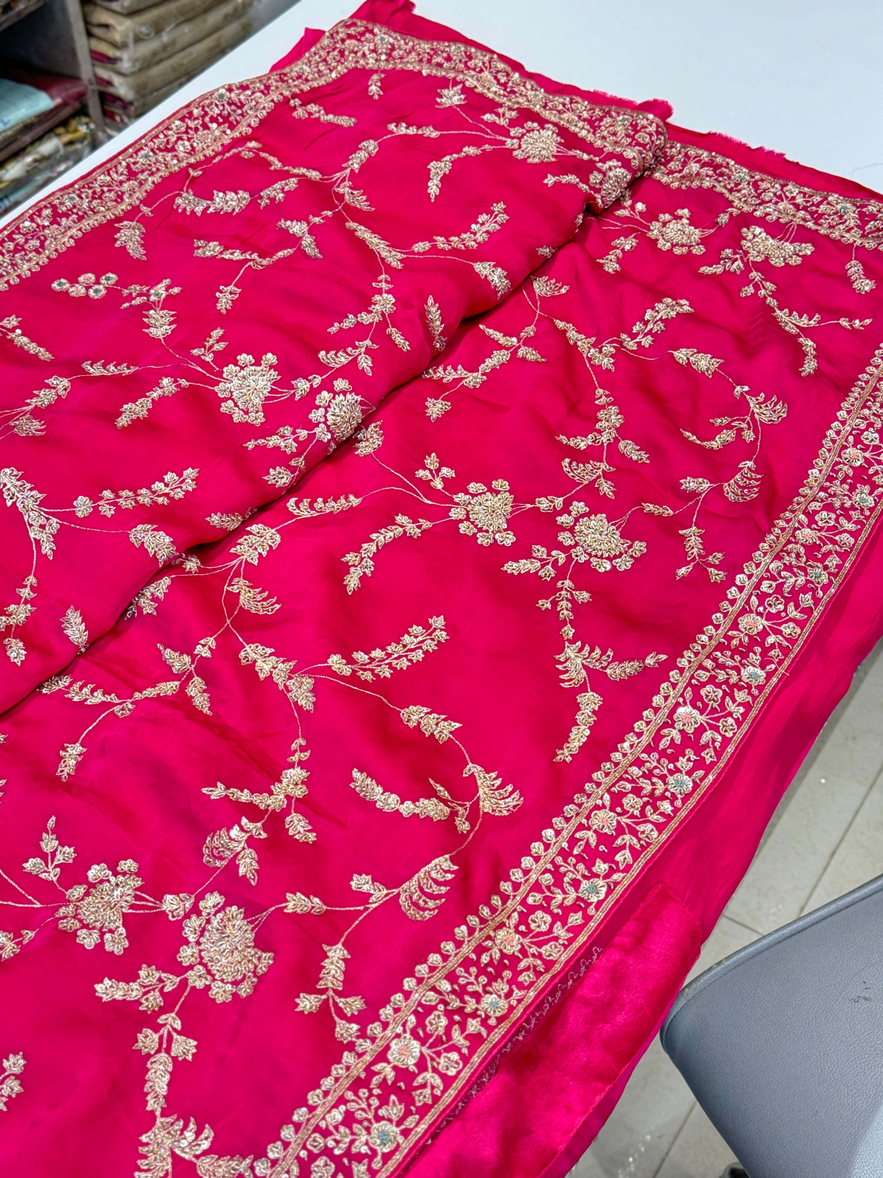 Rani Jaal Satin Hand Embroidery Zardosi Saree