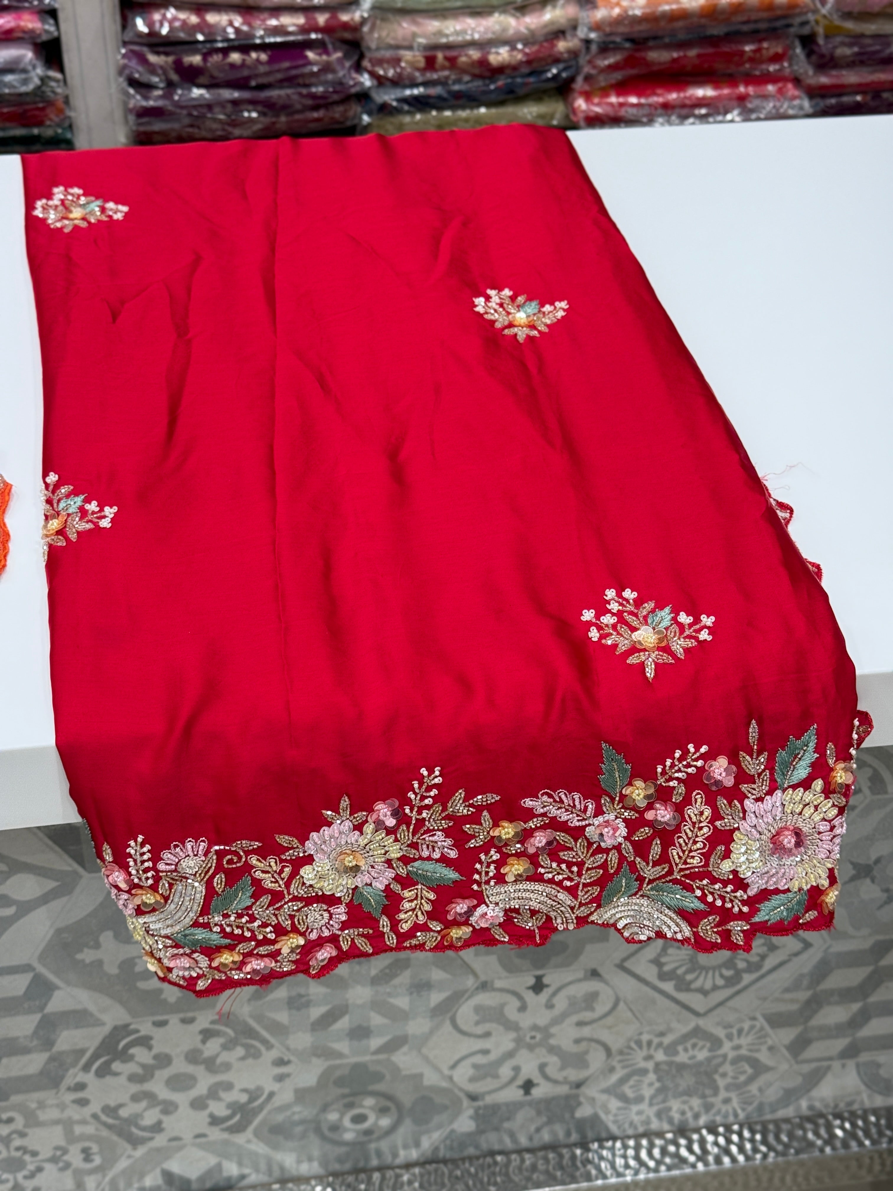 Red Satin Multi Colour Sequin Hand Embroidery Saree