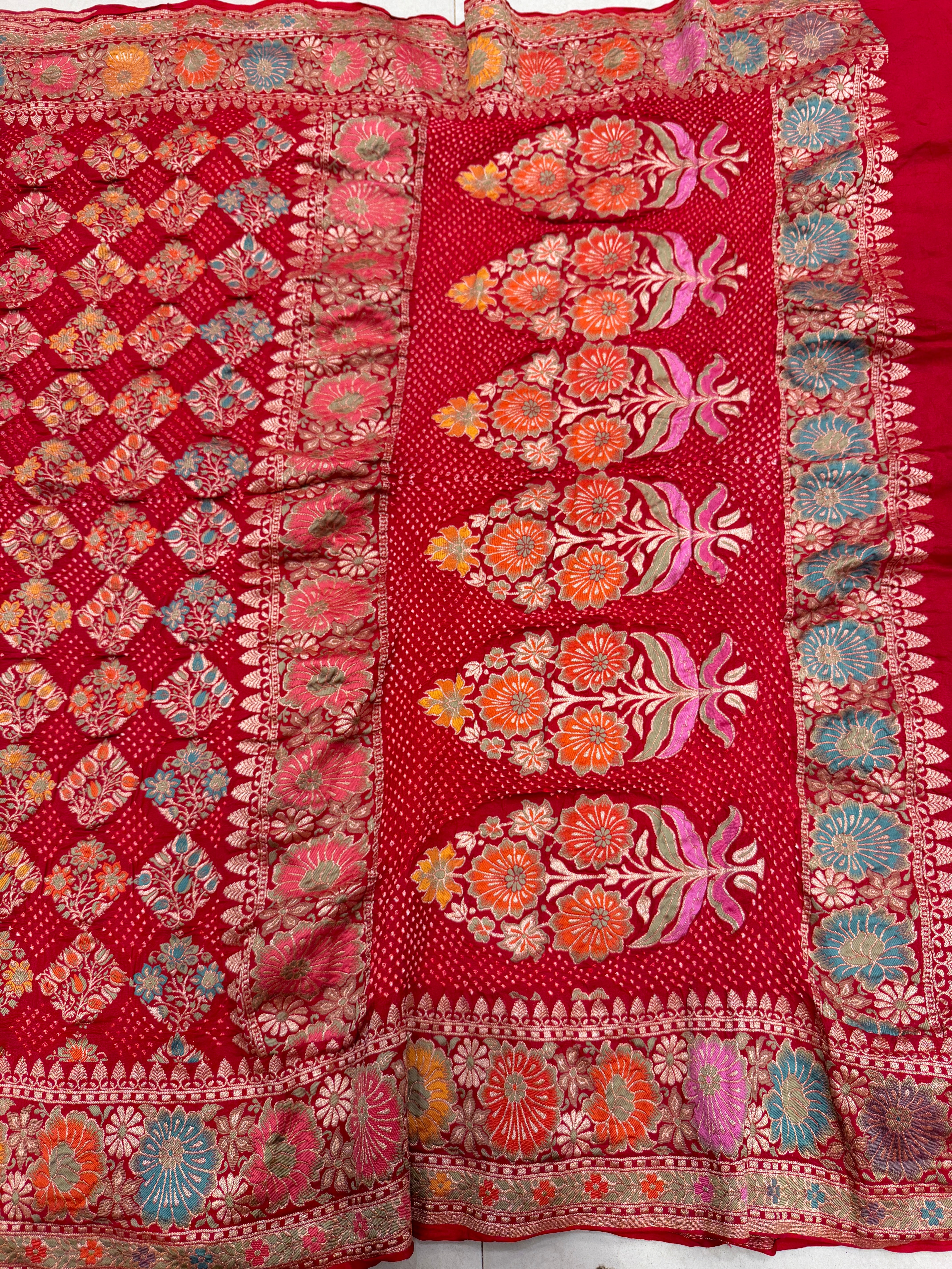 Red Meenakari Floral Butta Rai Bandhej Bandhini Saree