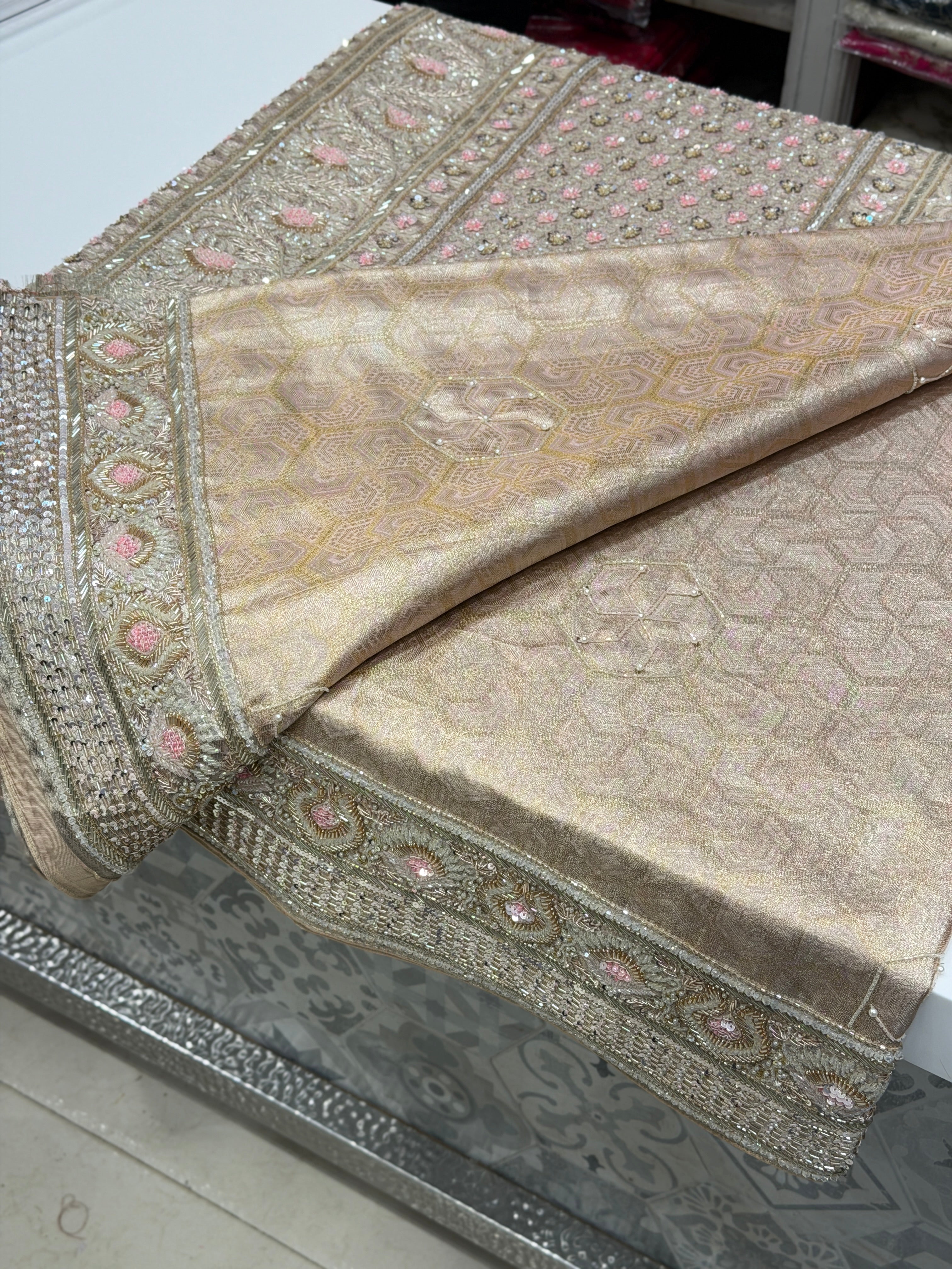 Pink on Silver Zari Handloom Kanjivaram Moti Zardosi Hand Embroidery Saree