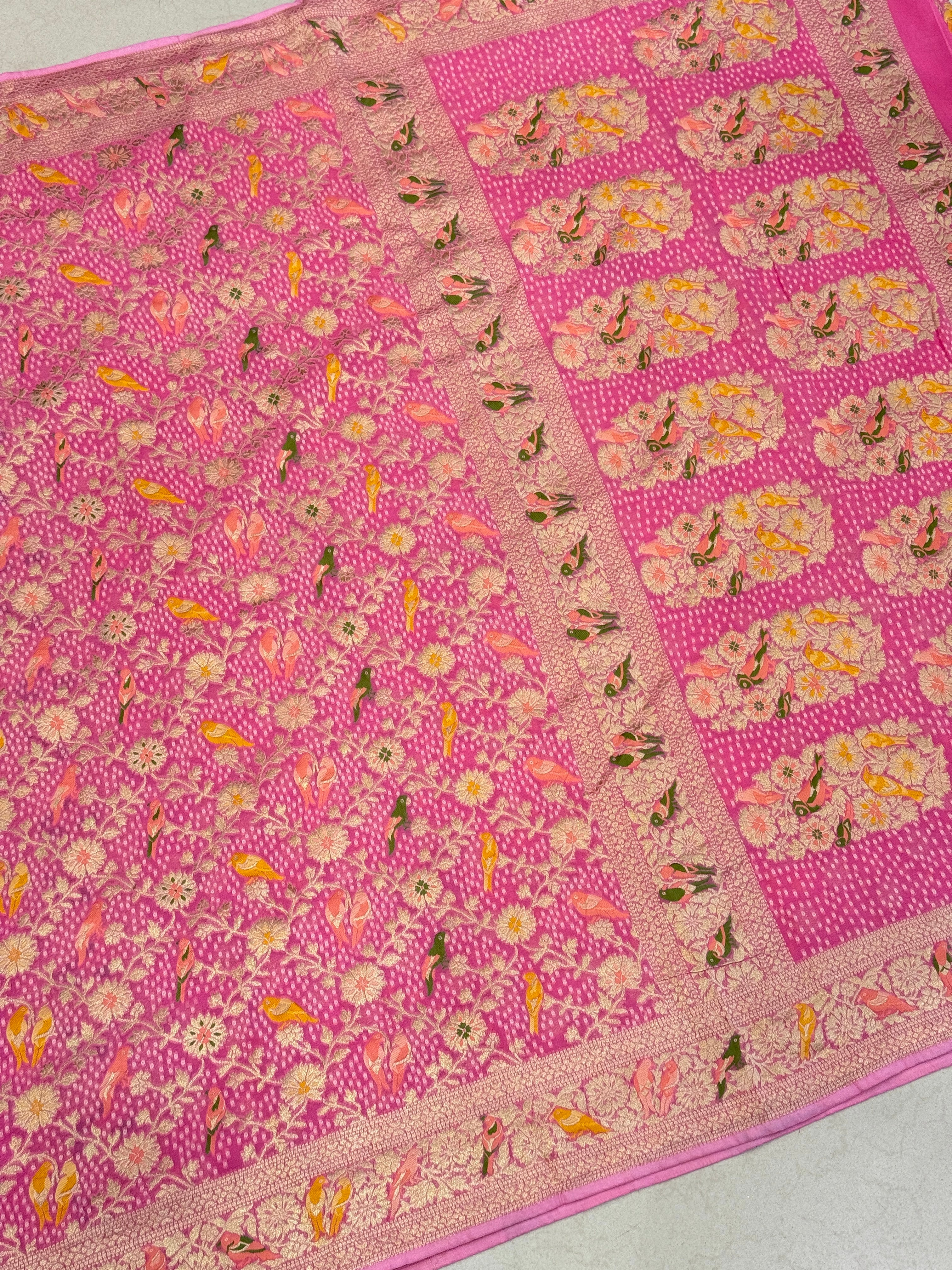 Pink Woven Bandhej Meenakari Parrot Motif Saree