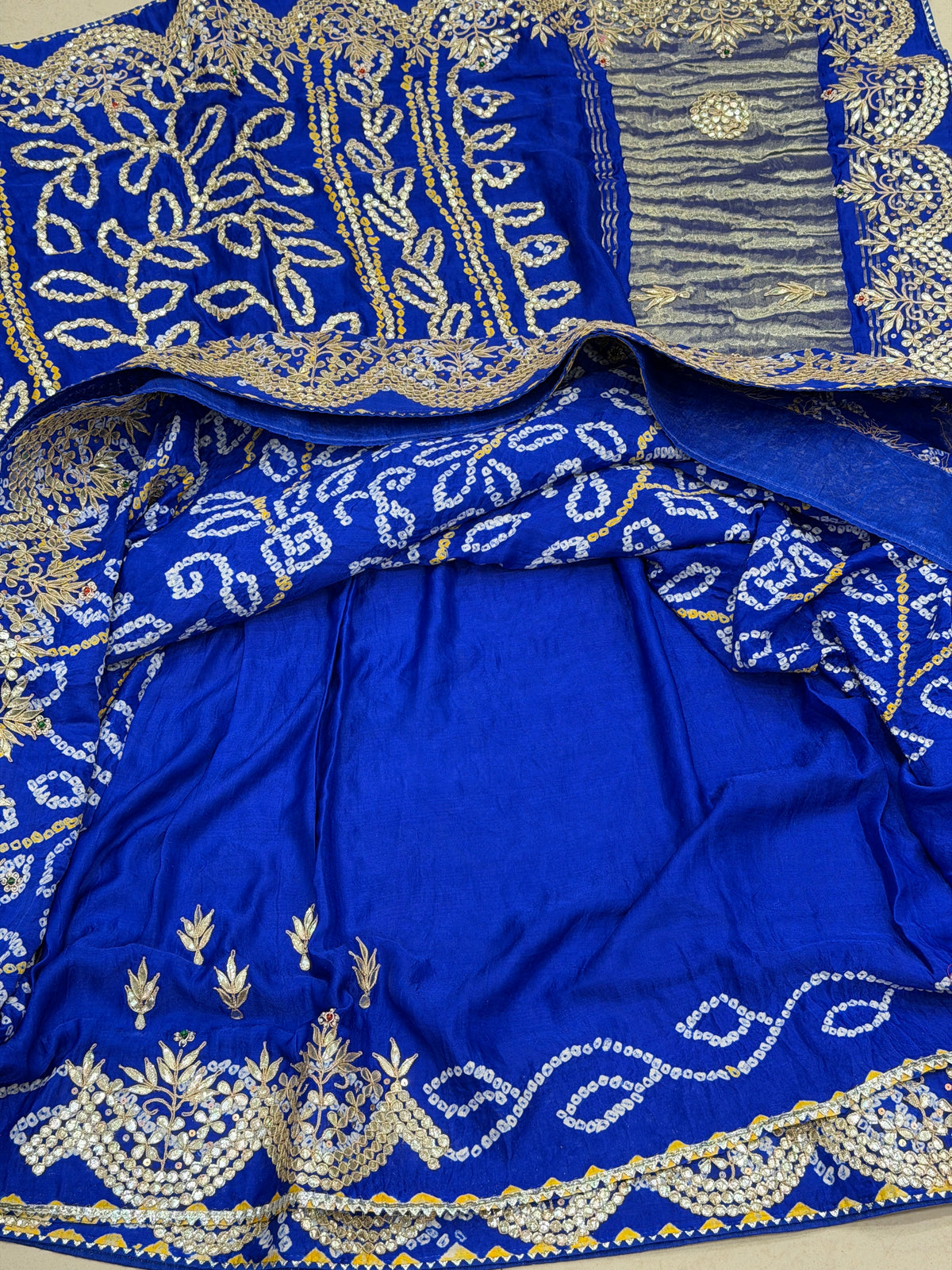 Royal Blue Gajji Silk Rai Bandhej Gotapatti Marodi Hand Embroidery Saree
