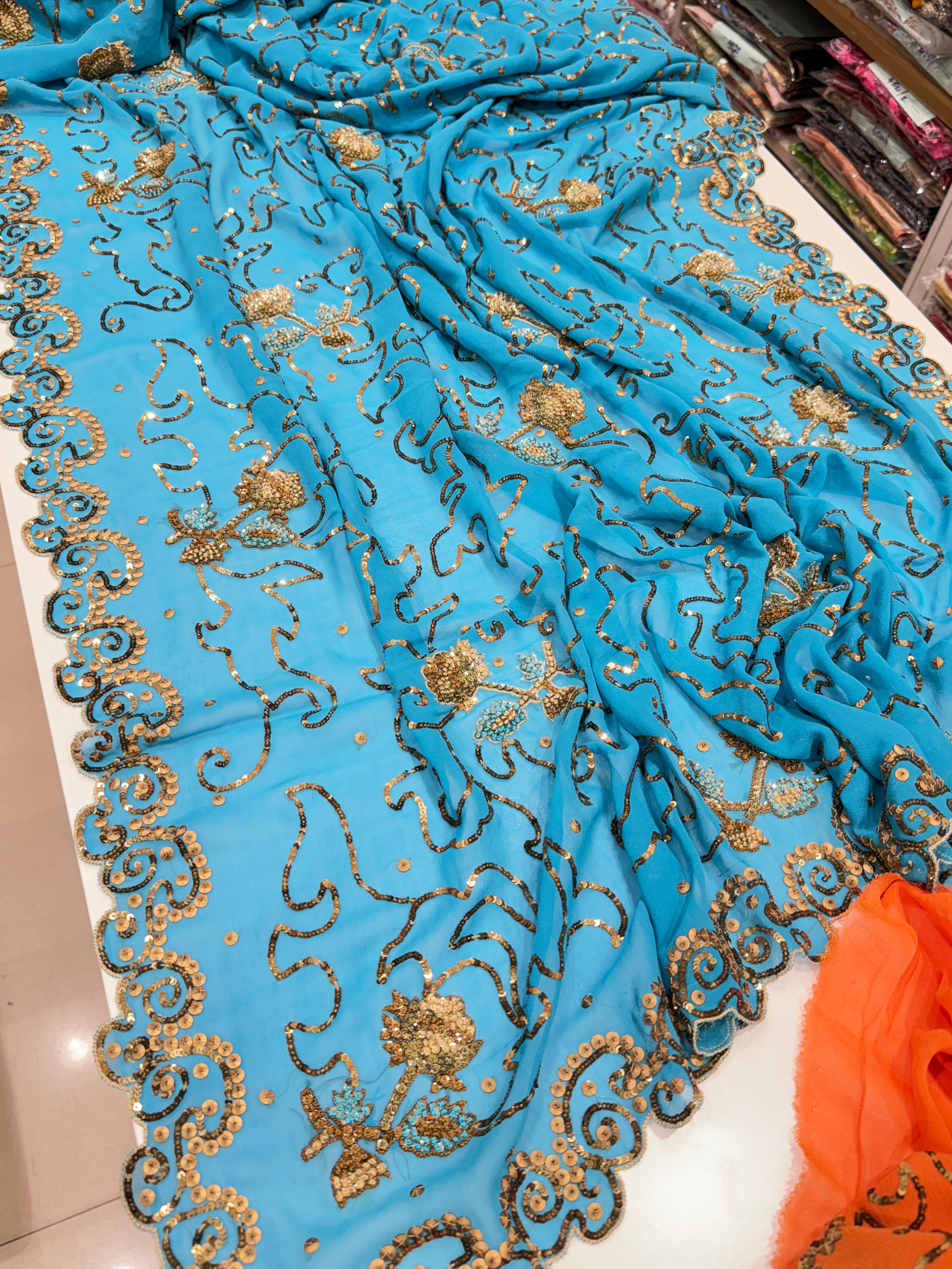 Blue Georgette Antique Sequin Hand Embroidery Saree