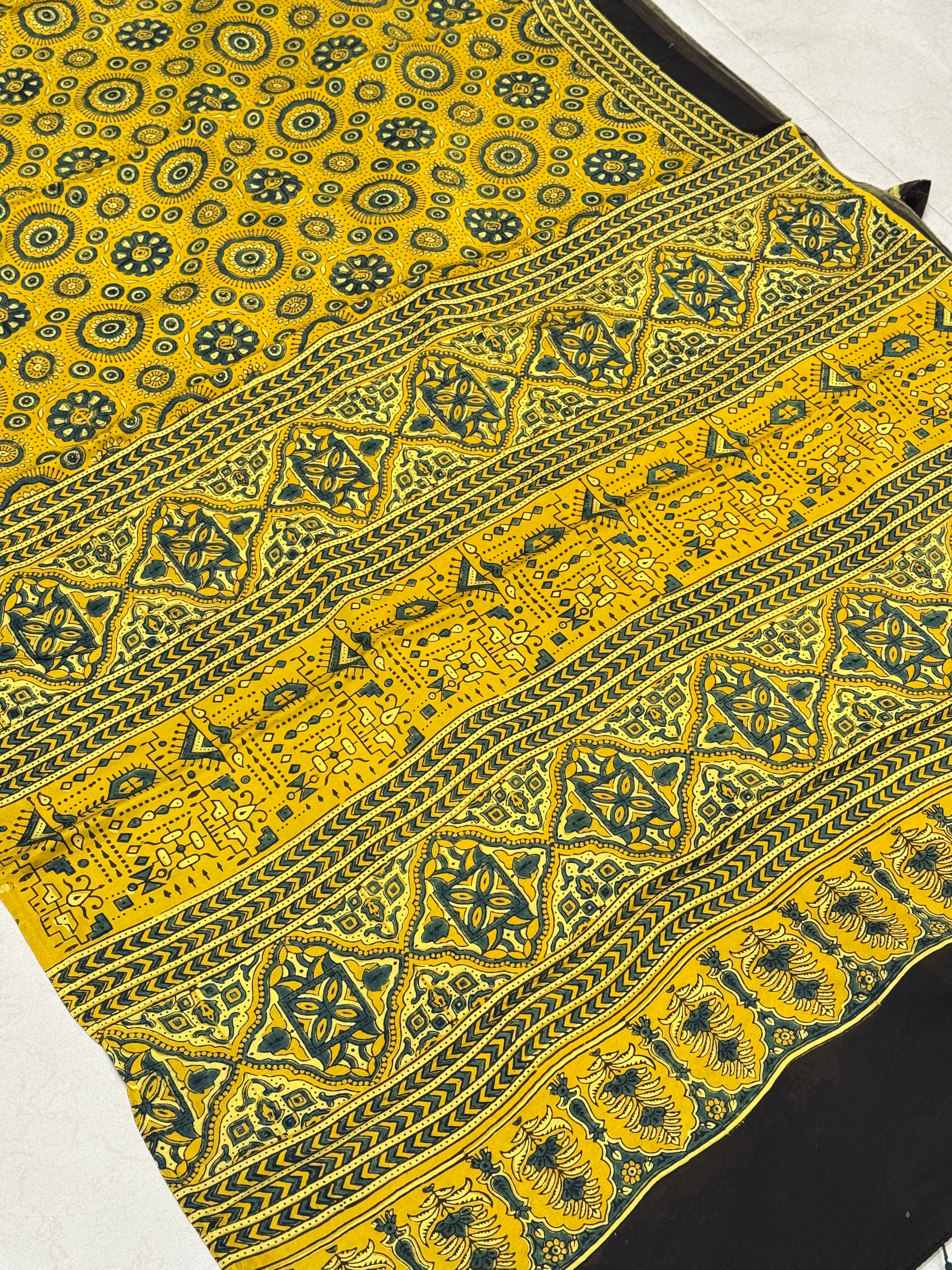 Yellow Floral Butta Pattern Ajrakh Hand Block Print Pure Gajji Silk Saree