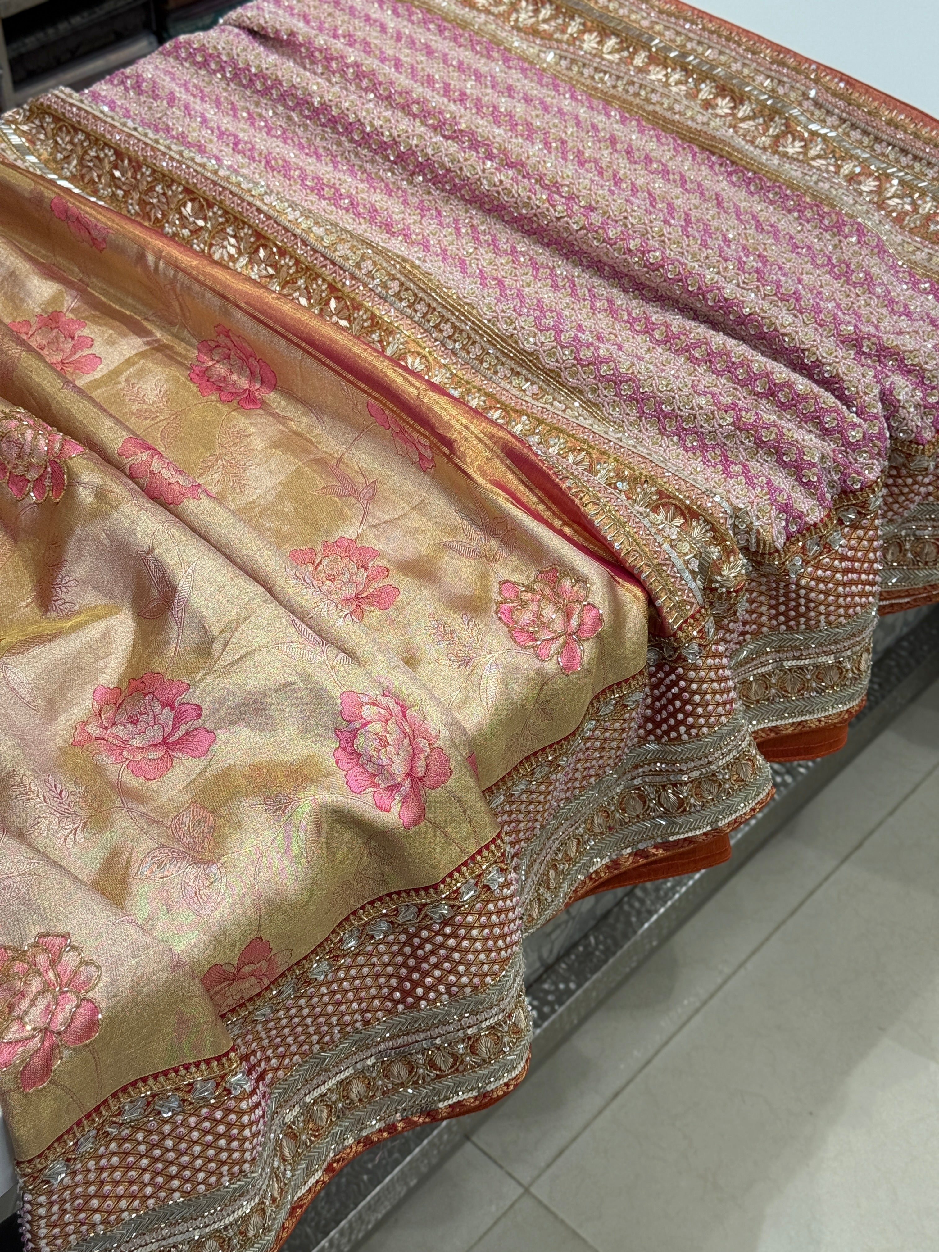 Rani Pink Rose Edit Tissue Kanjivaram Hand Embroidery Saree