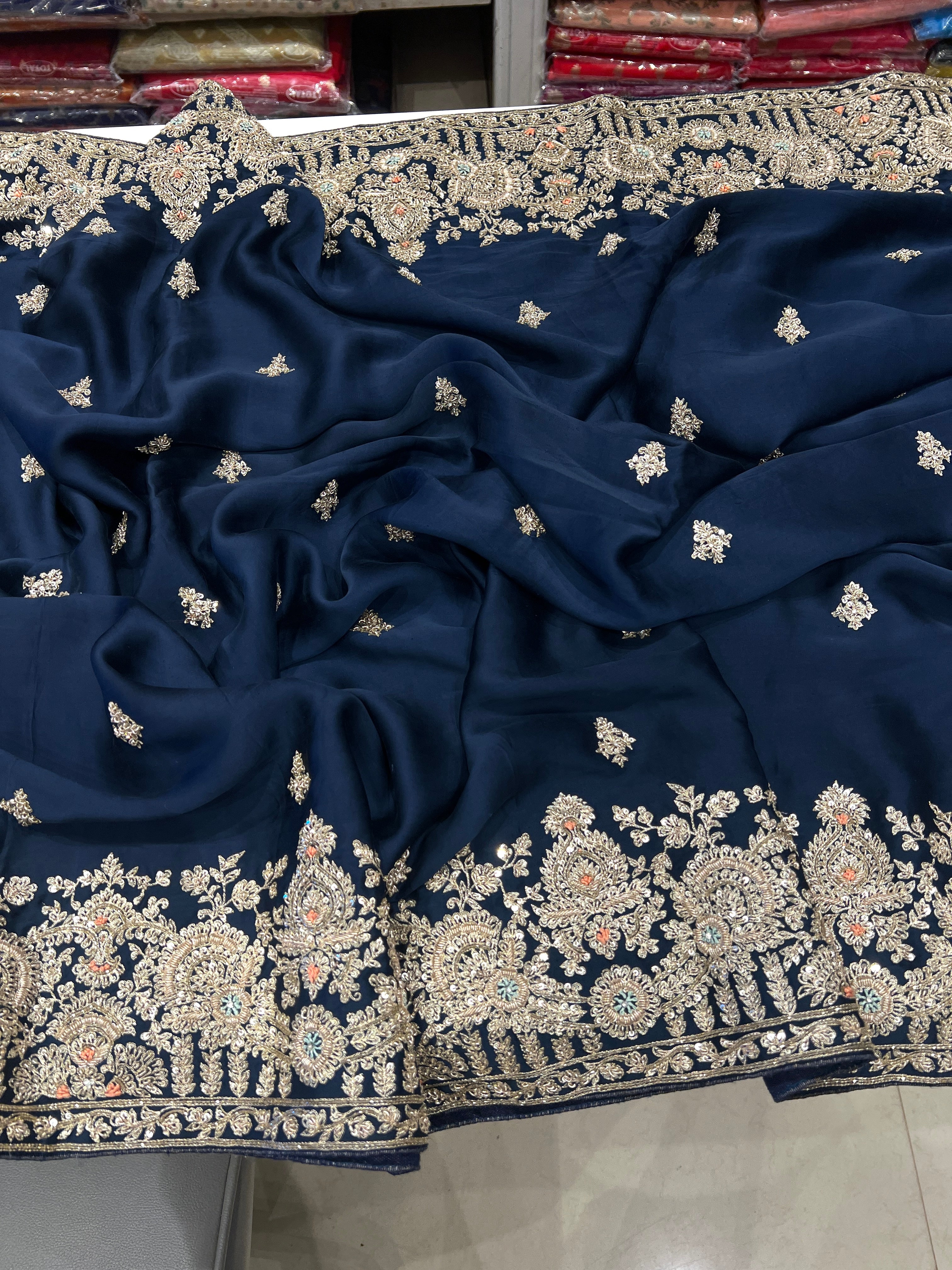 Navy Blue Satin Hand Embroidery Zardosi Saree