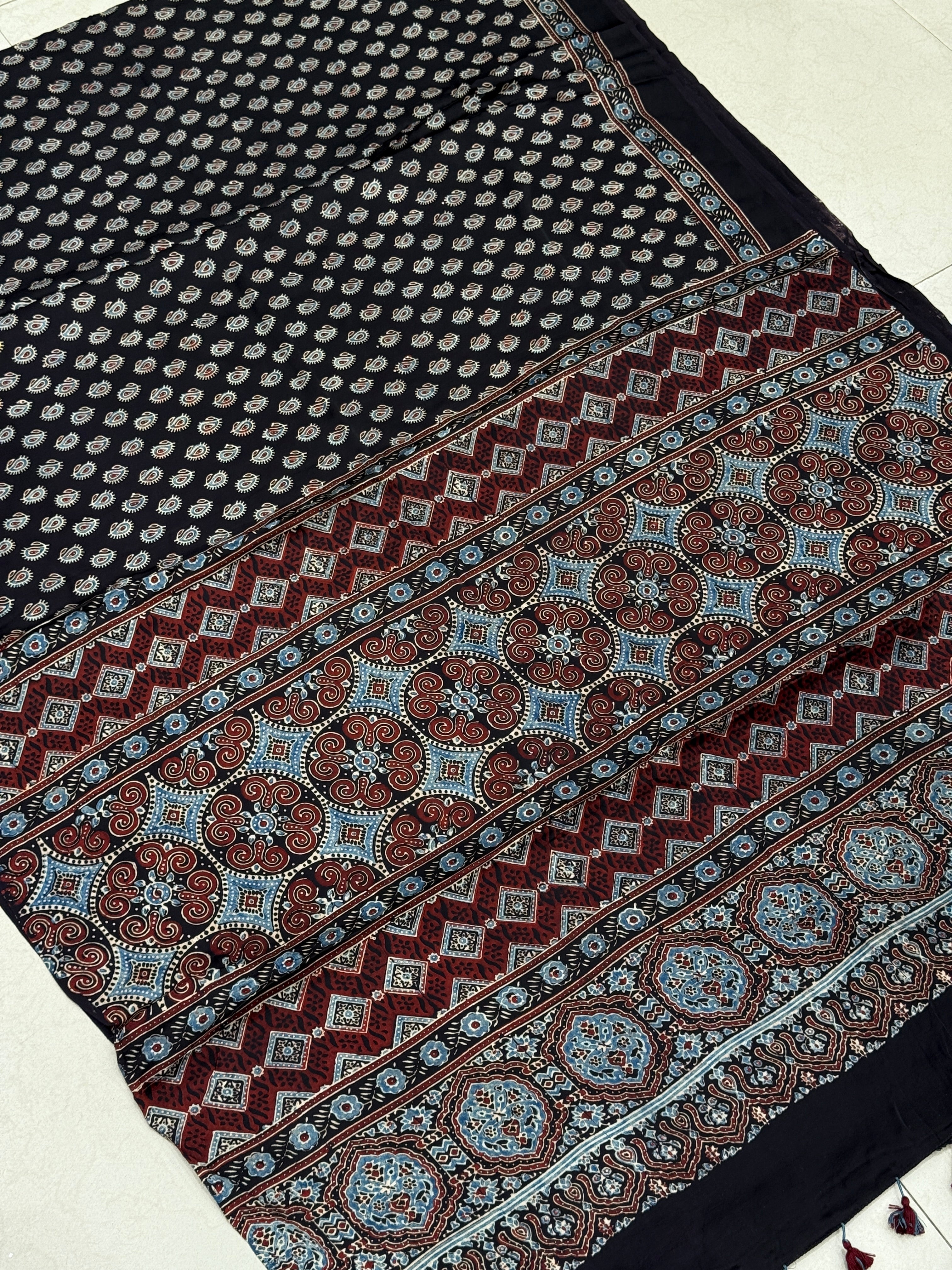 Black Keri Butti Ajrakh Modal Gajji Silk Saree