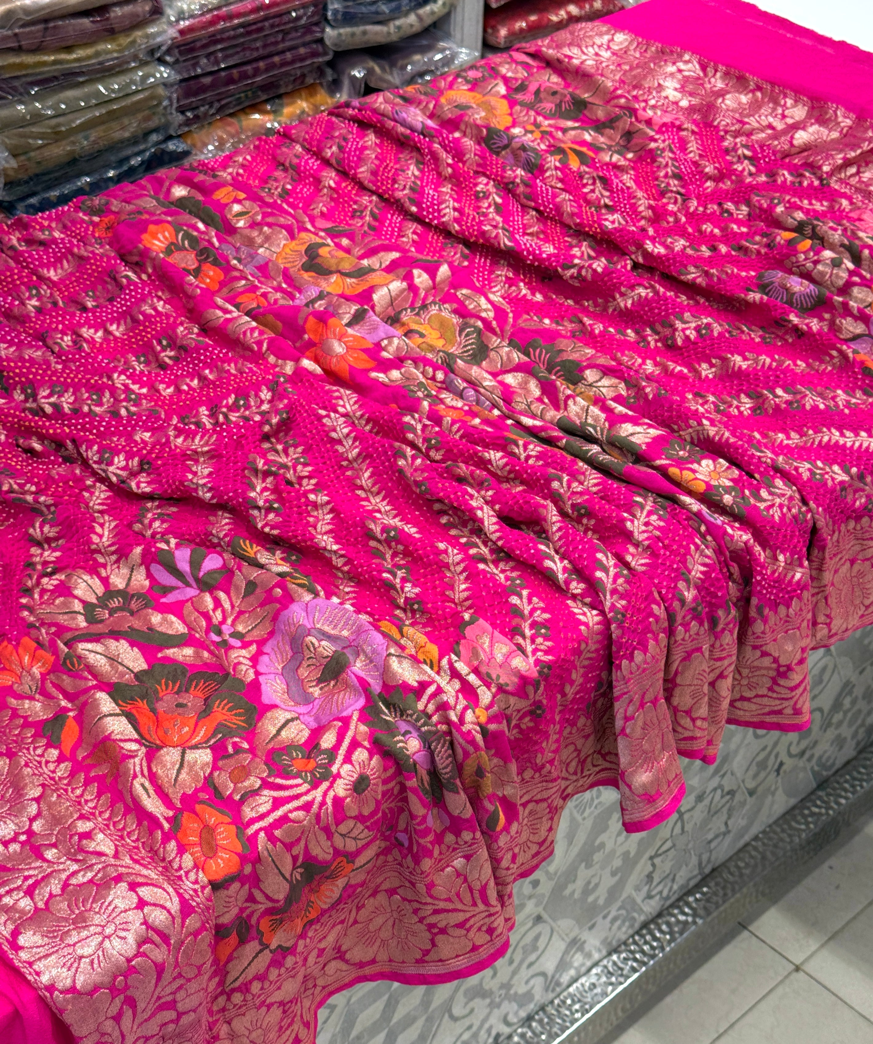 Rani Meenakari Floral Handloom Georgette Rai Bandhej Dupatta