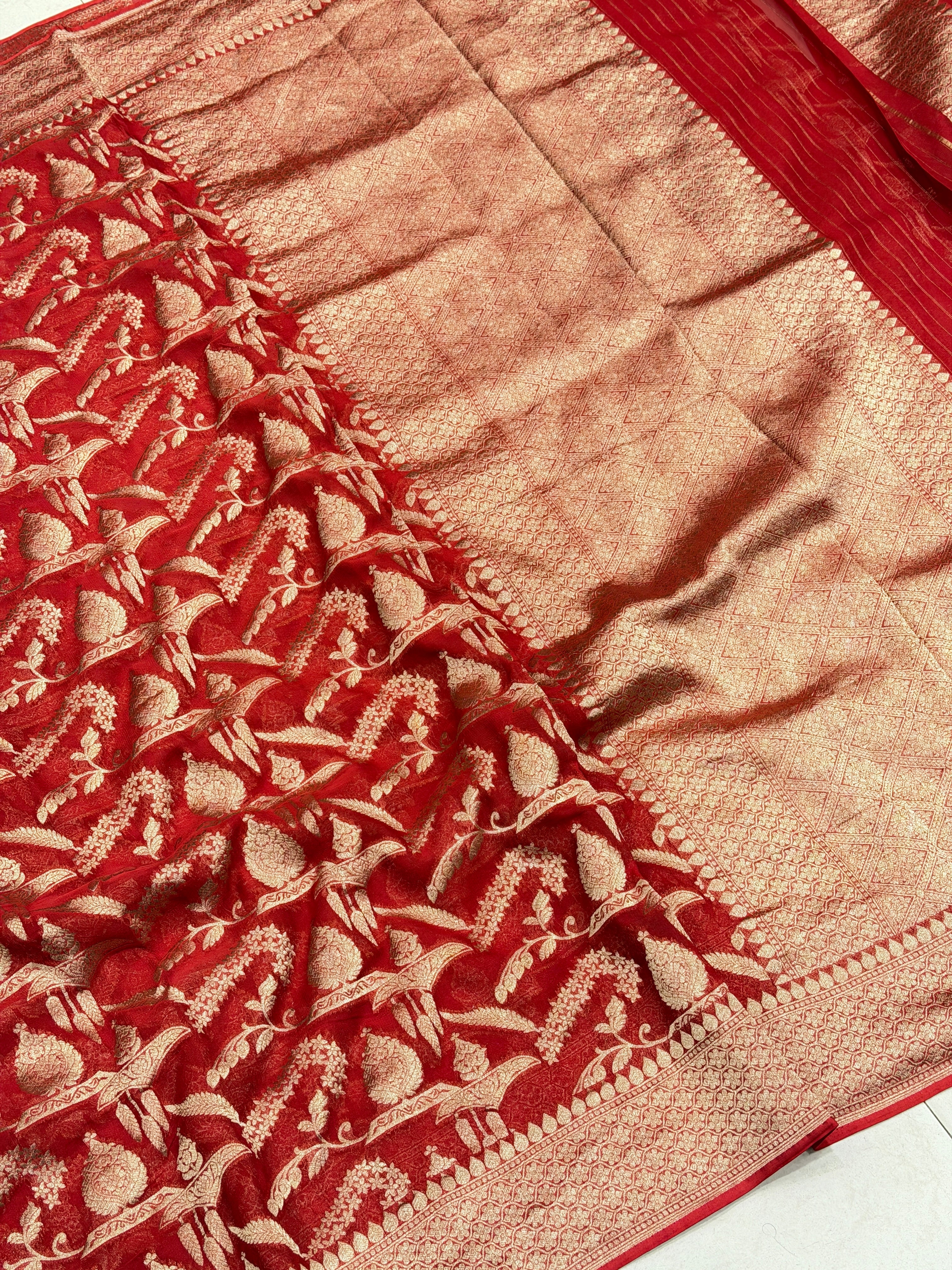 Red Crown Jaal Banarasi Khaddi Georgette Saree
