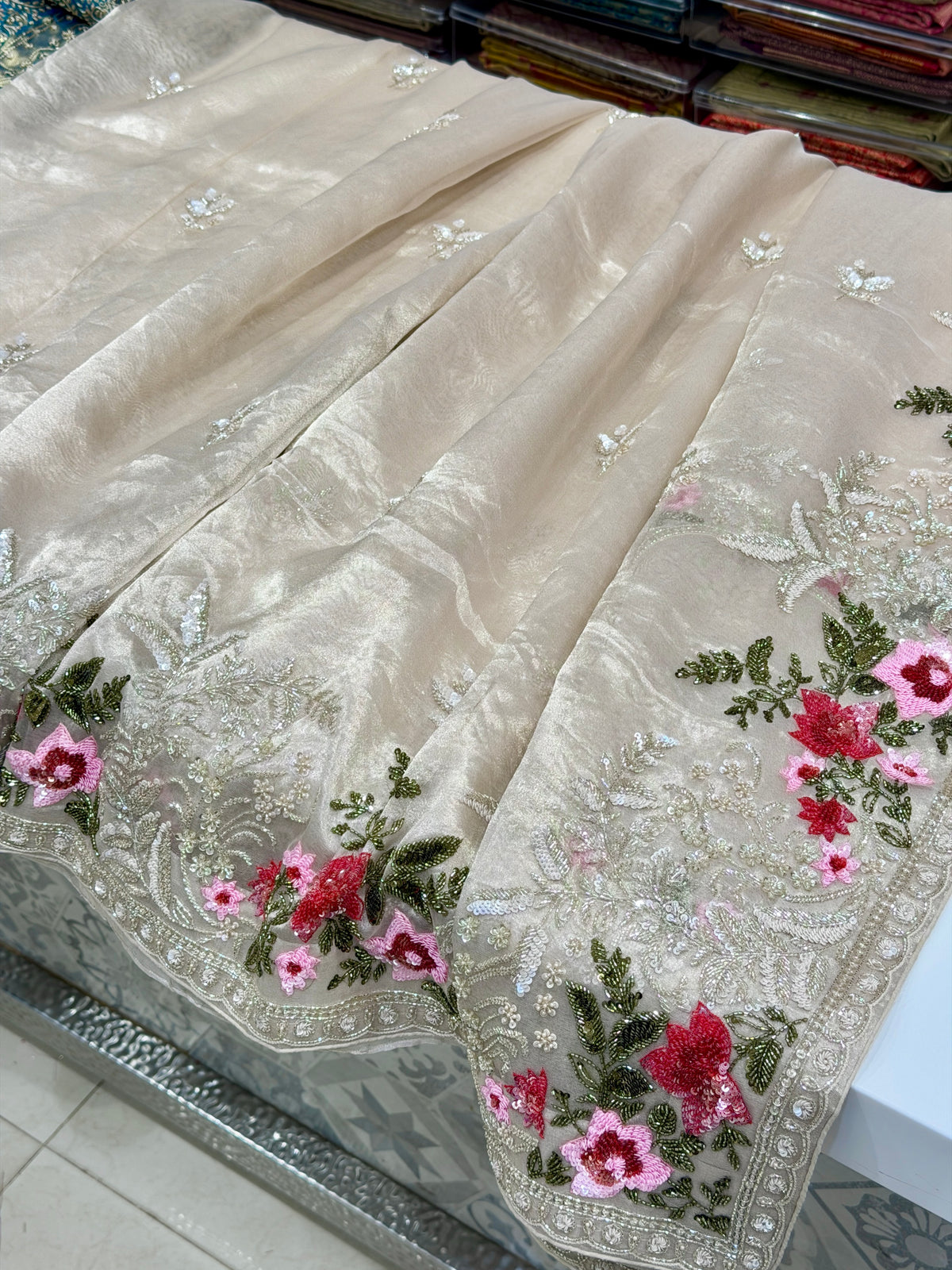 Silver Pure Tissue Silk Sequin Zardosi Three D Hand Embroidery Floral Border Saree