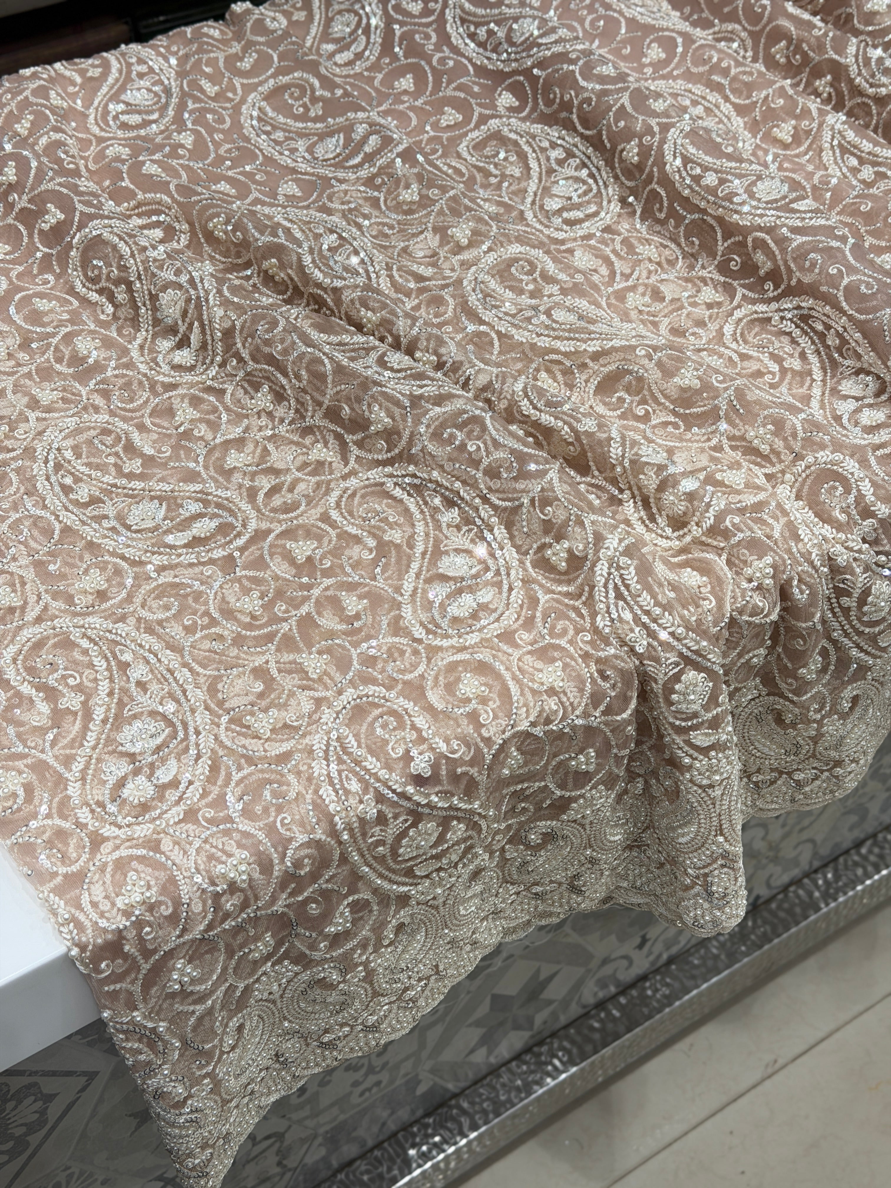 Nude Pink Keri Jaal Net Resham Moti Embroidery Soft Saree