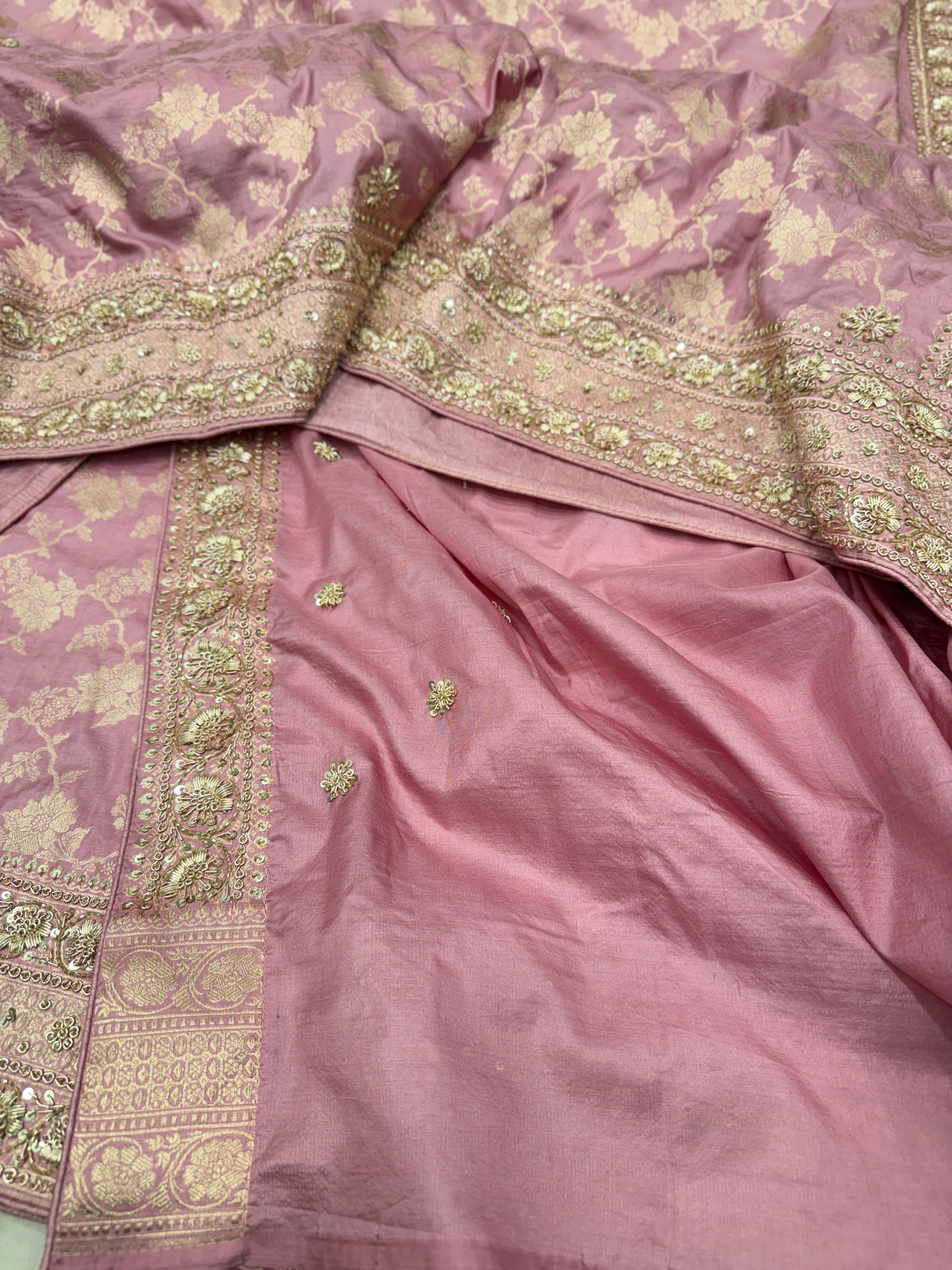 Pink Jaal Handloom Banarasi Katan Silk Zardosi Hand Embroidery Saree