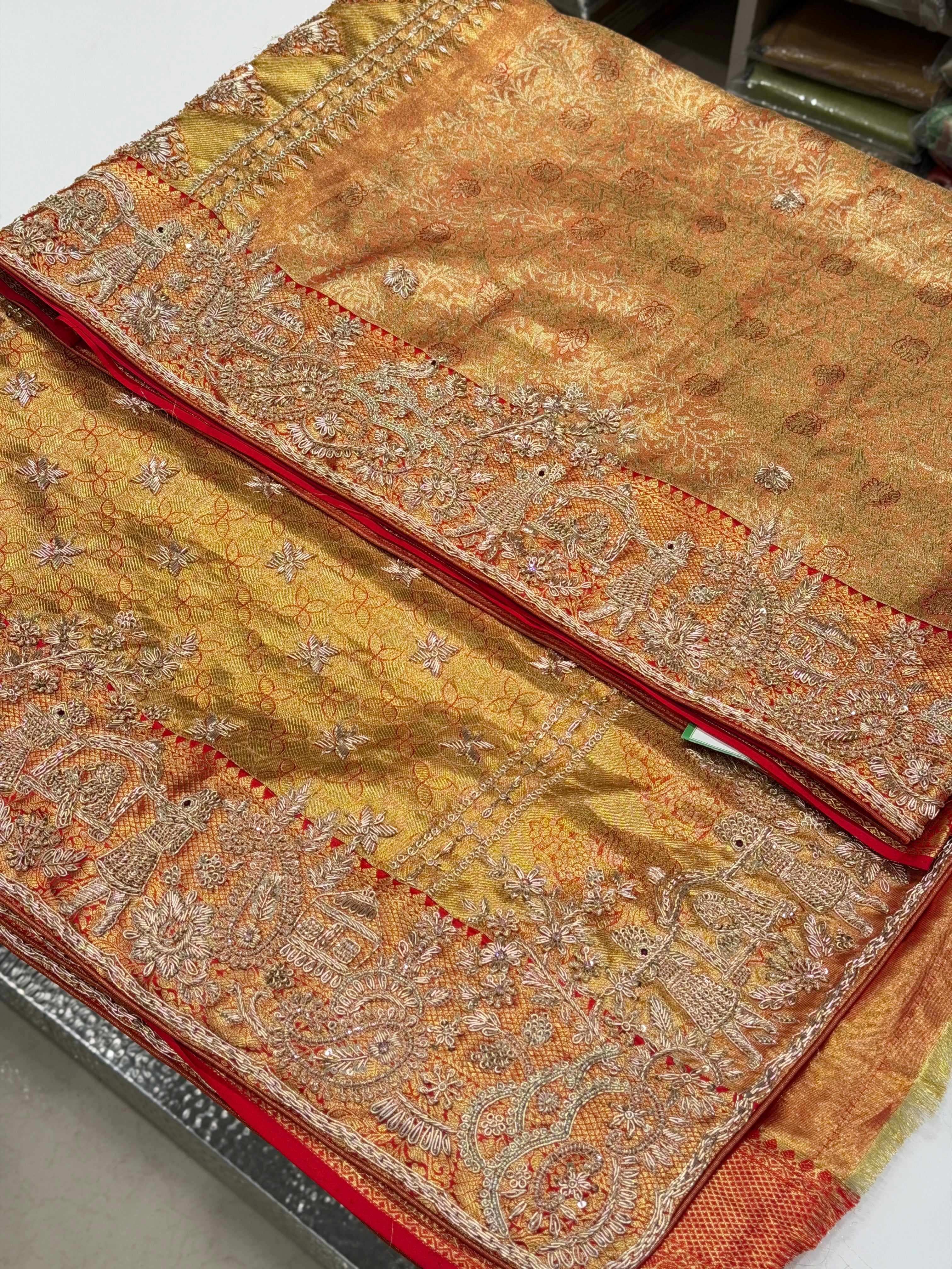 Red Tissue Kanjivaram Zardosi Doli Hand Embroidery Saree