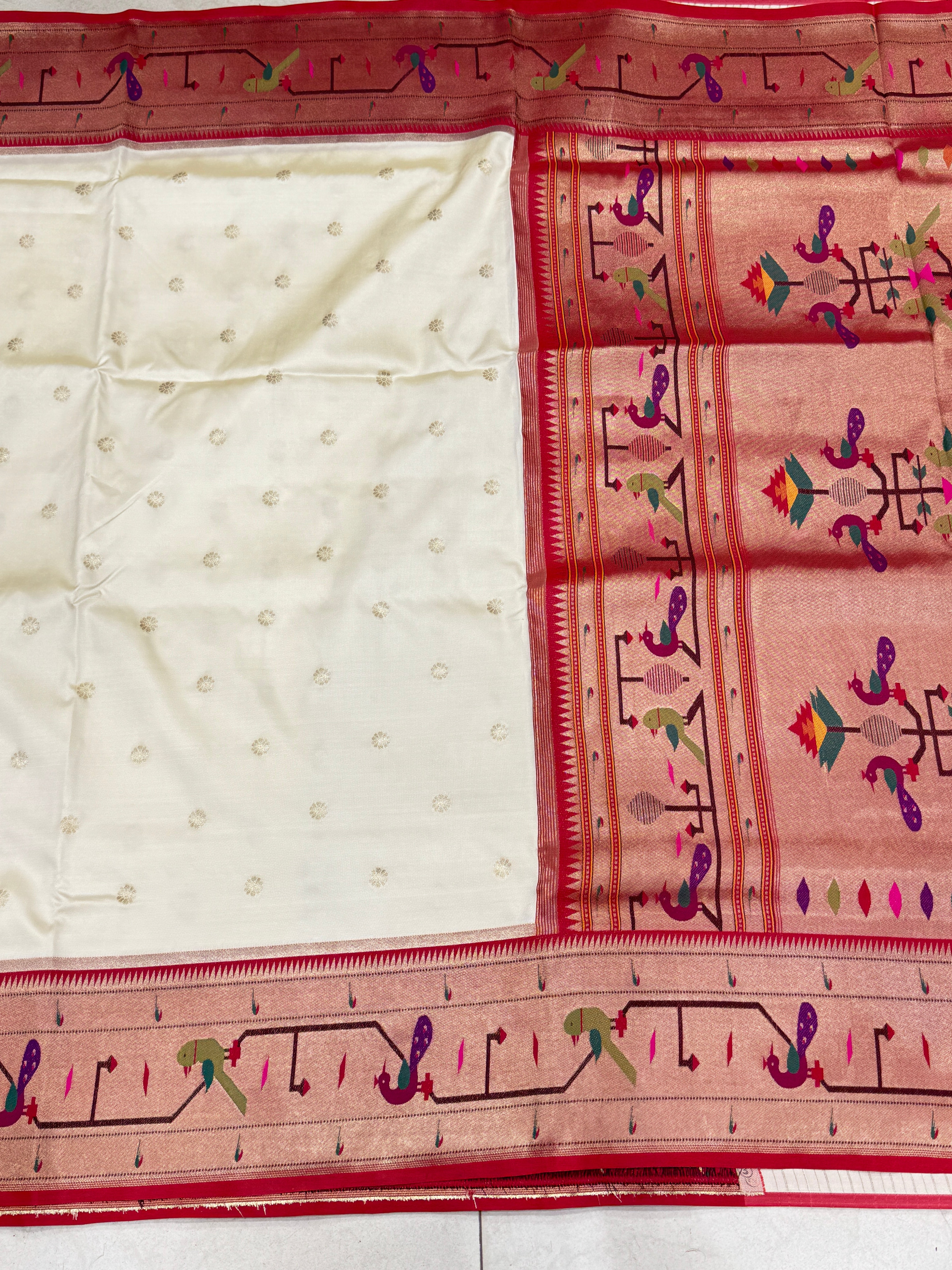 Moti White Red Paithani Silk Saree