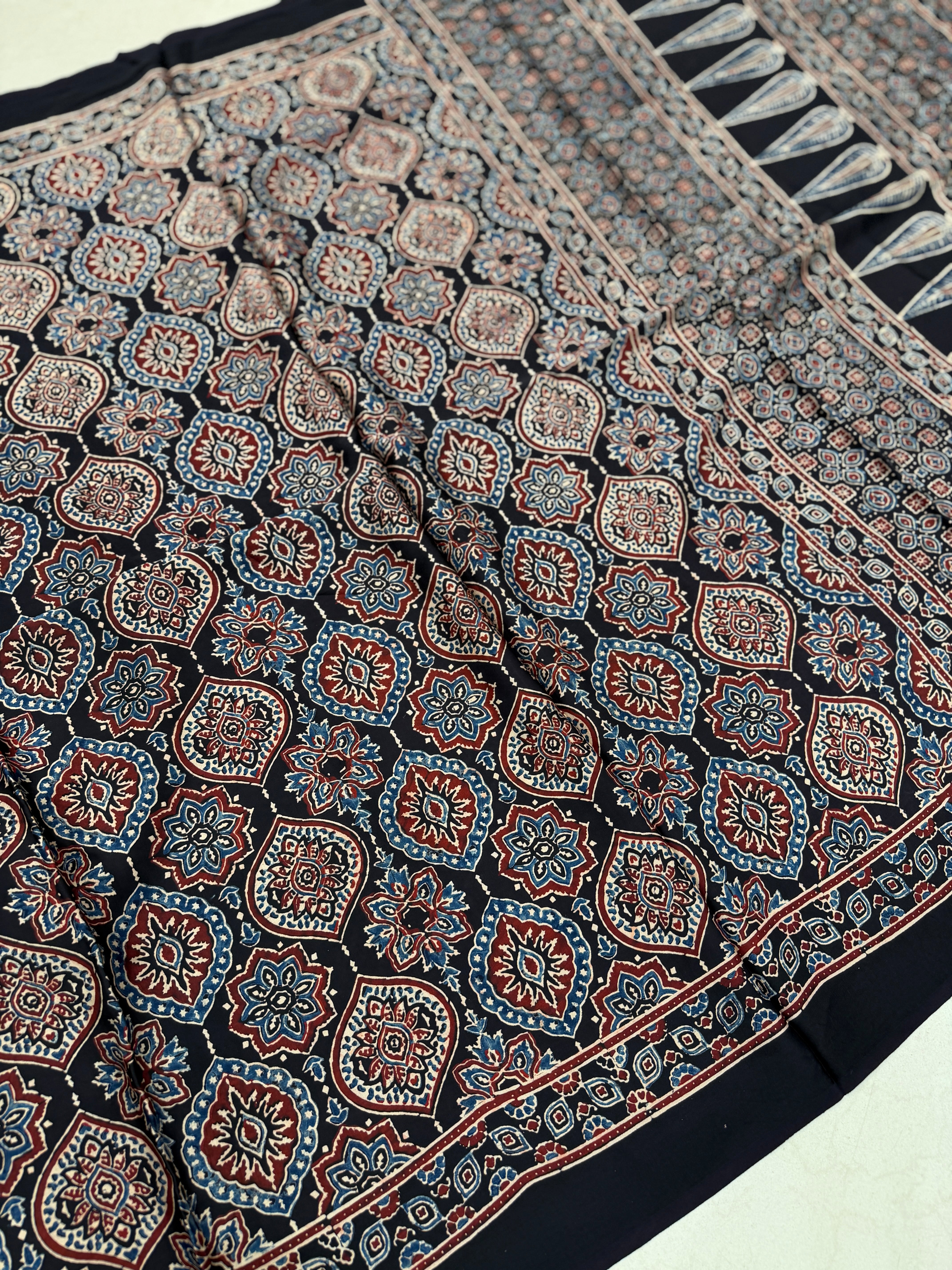 Black Badam Butta Ajrakh Block Print Hand Pure Gajji Silk Saree