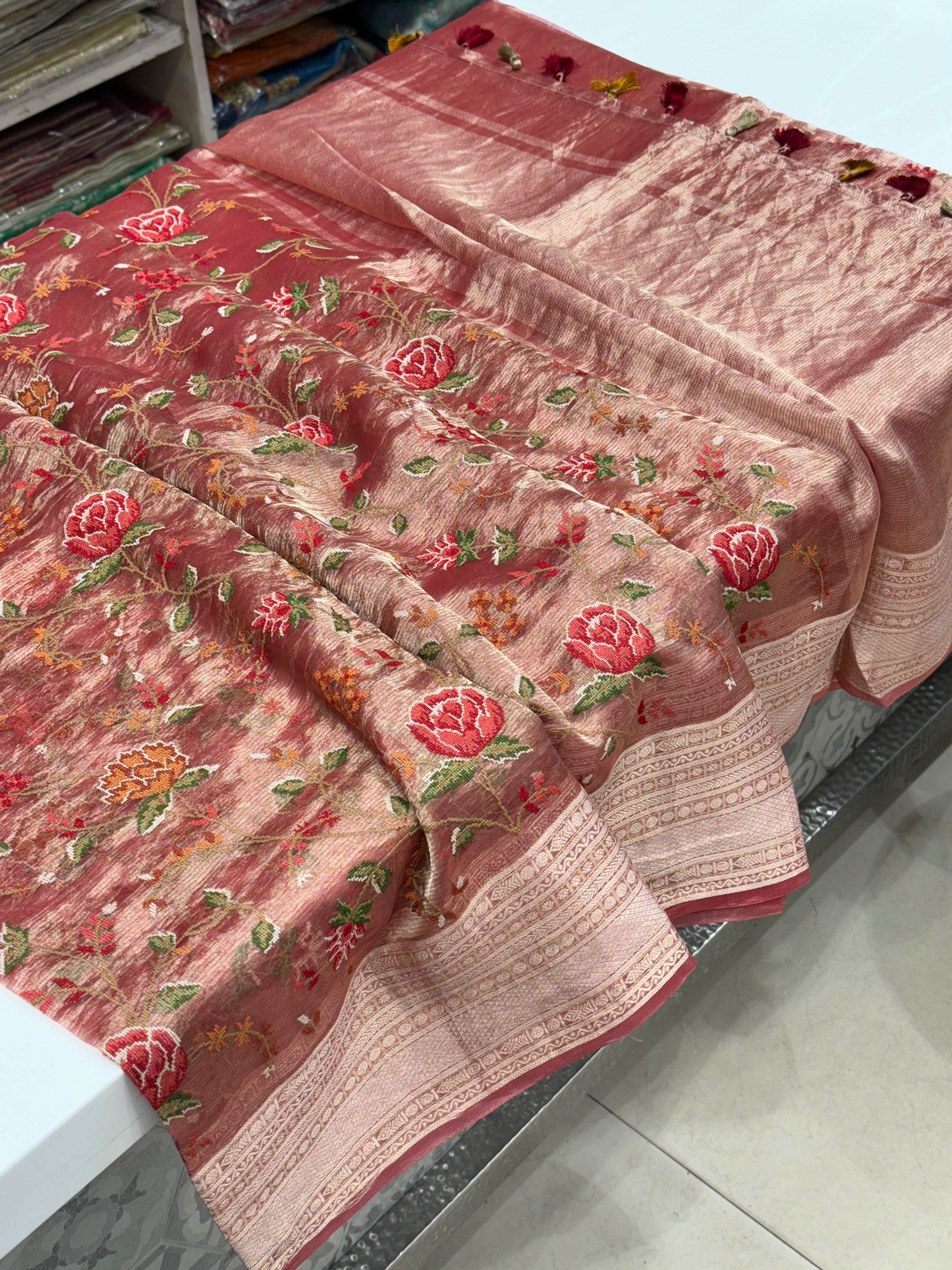 Crimson Zari Tissue Resham Embroidery Saree