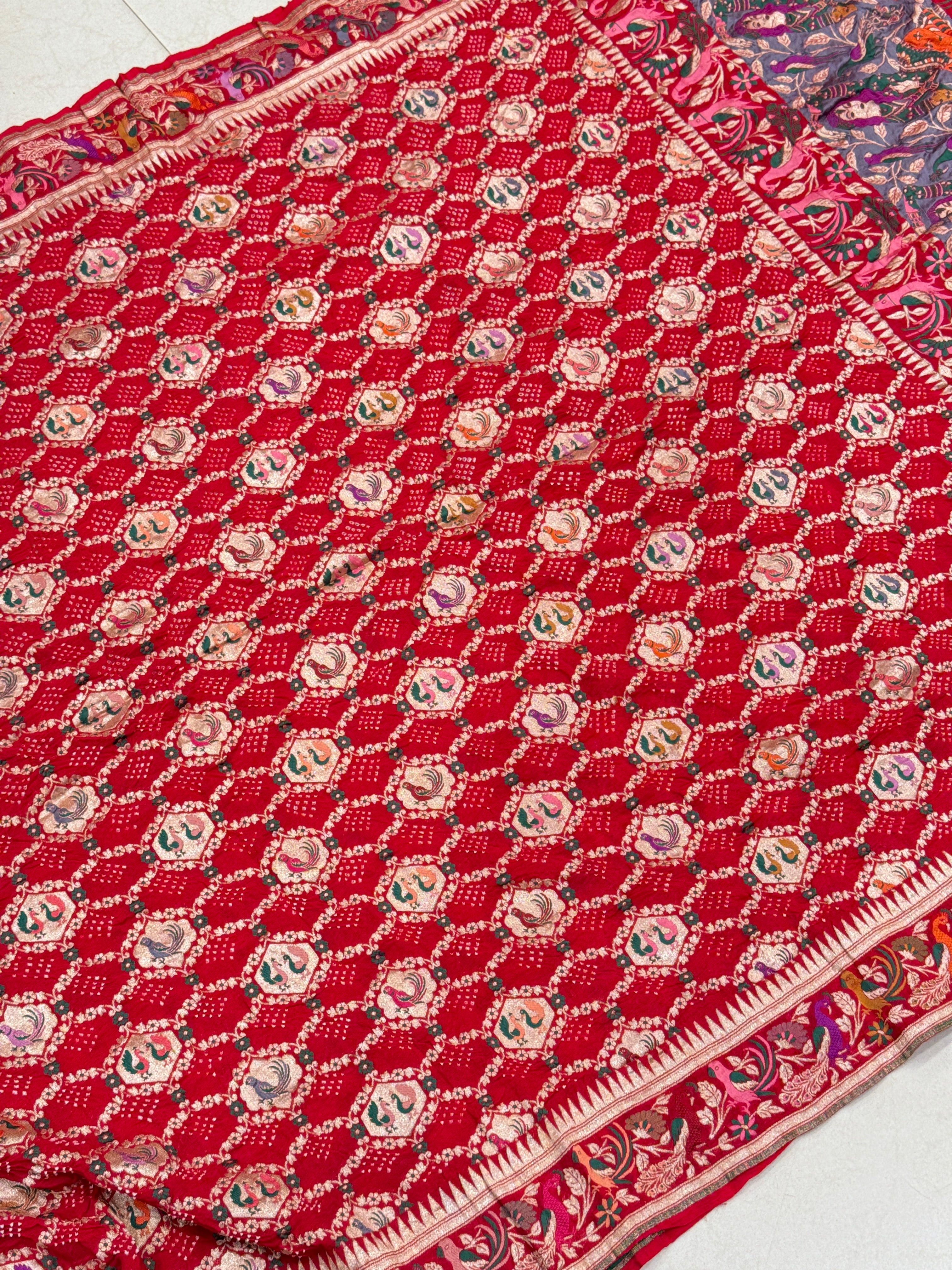 Red Paithani Style Meenakari Rai Bandhej Georgette Bandhini Saree