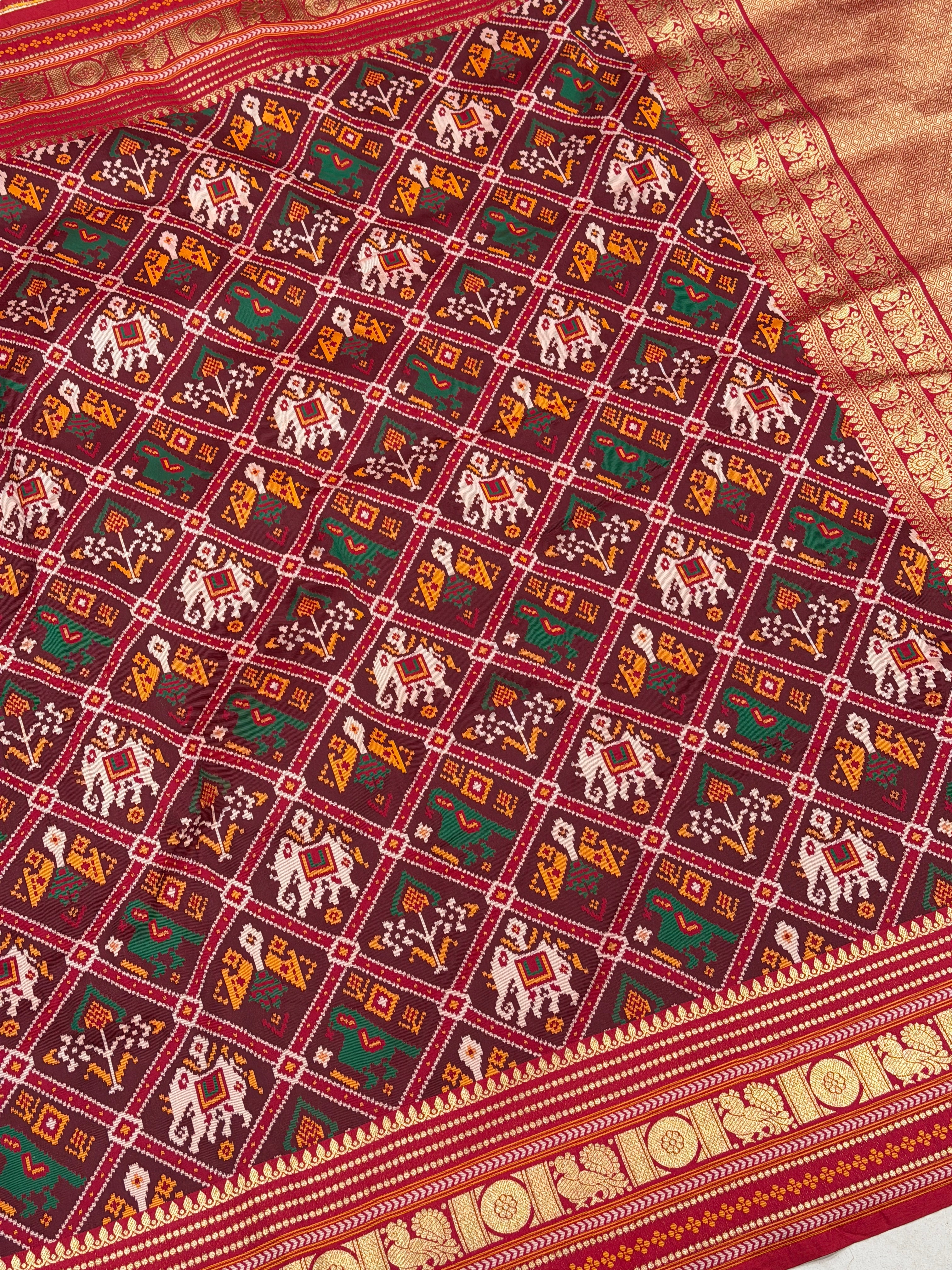 Red Checkered Kanchi Style Border Semi Silk Weaved Patan Patola Saree