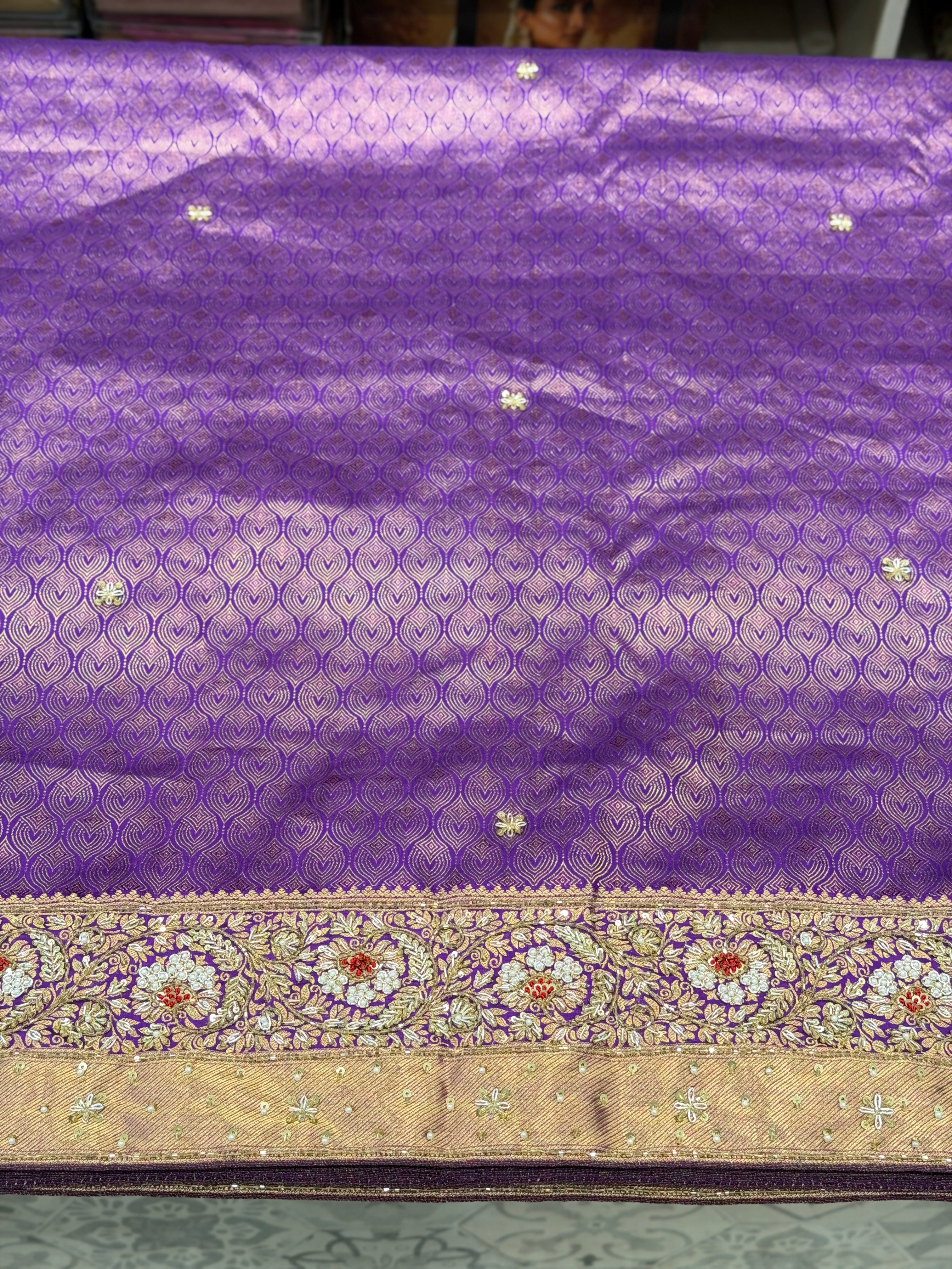 Violet Kanjivaram Floral Jaal Zardozi Hand Embroidery Saree
