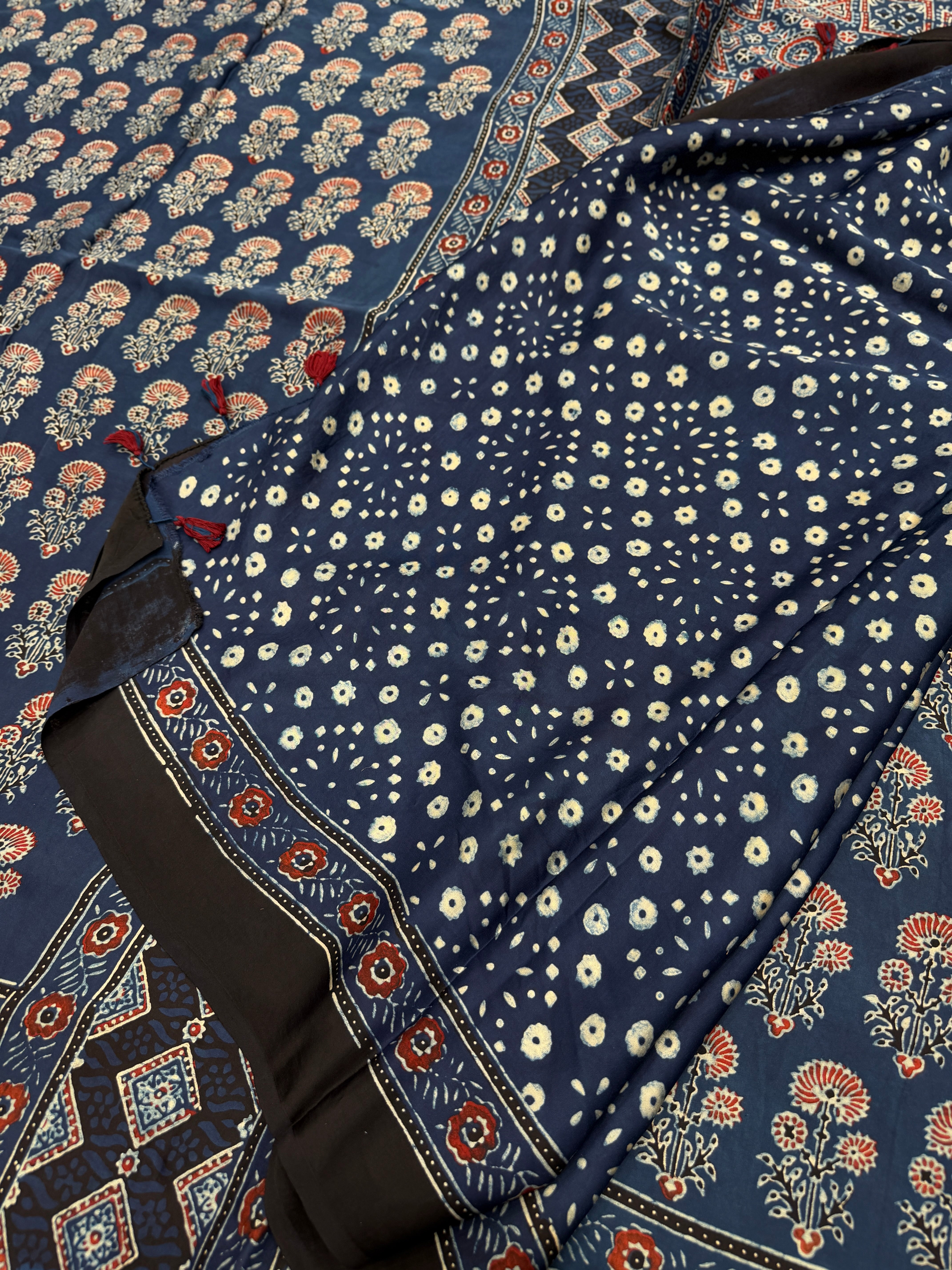 Blue Buttas Ajrakh Block Print Hand Pure Gajji Silk Saree