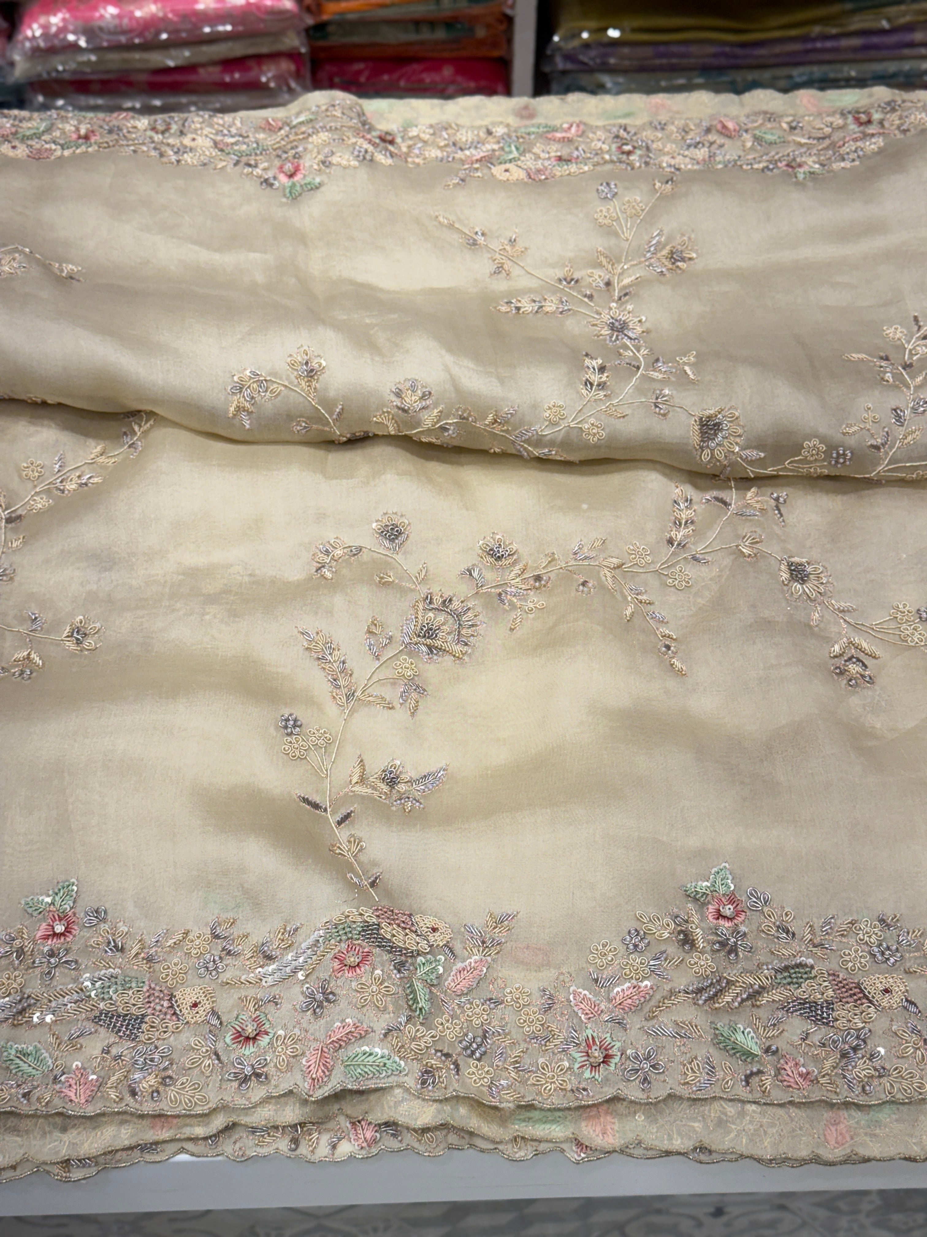 Pearl white Organza Zardosi Jaal Hand Embroidery Saree