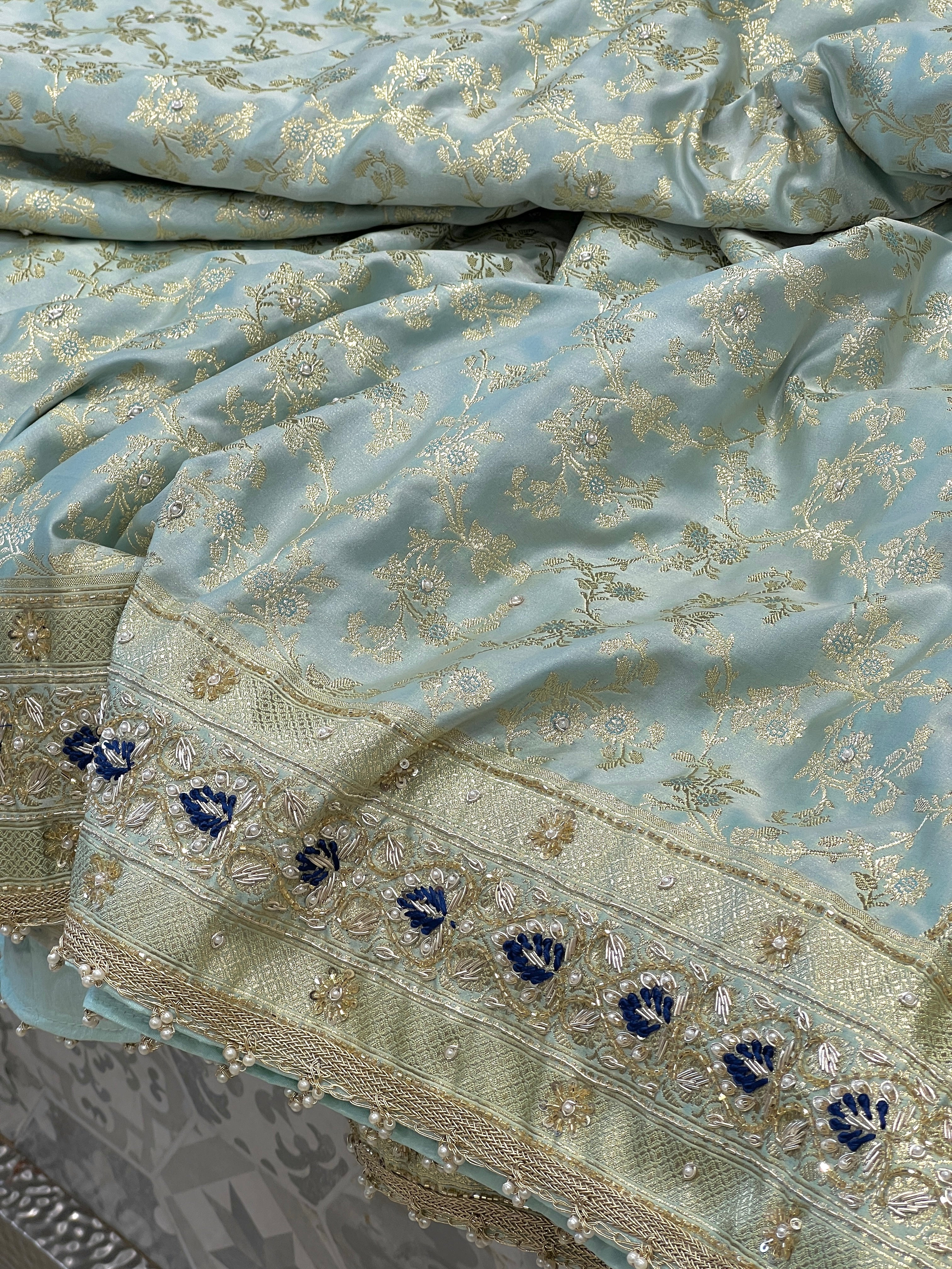 Blue Banarasi Silk Contrast Resham Hand Embroidery Saree