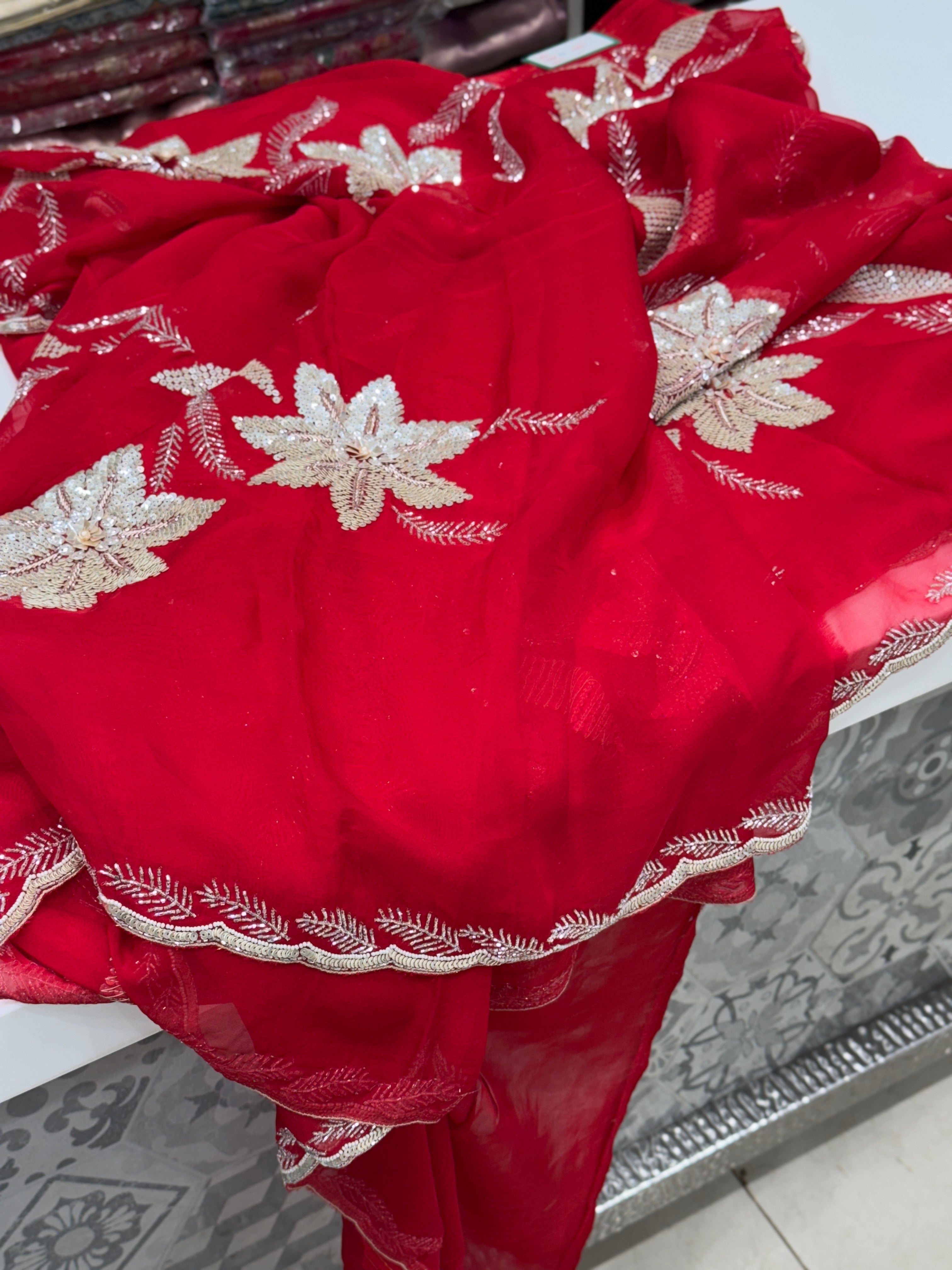 Red Satin Organza Embroidery Saree