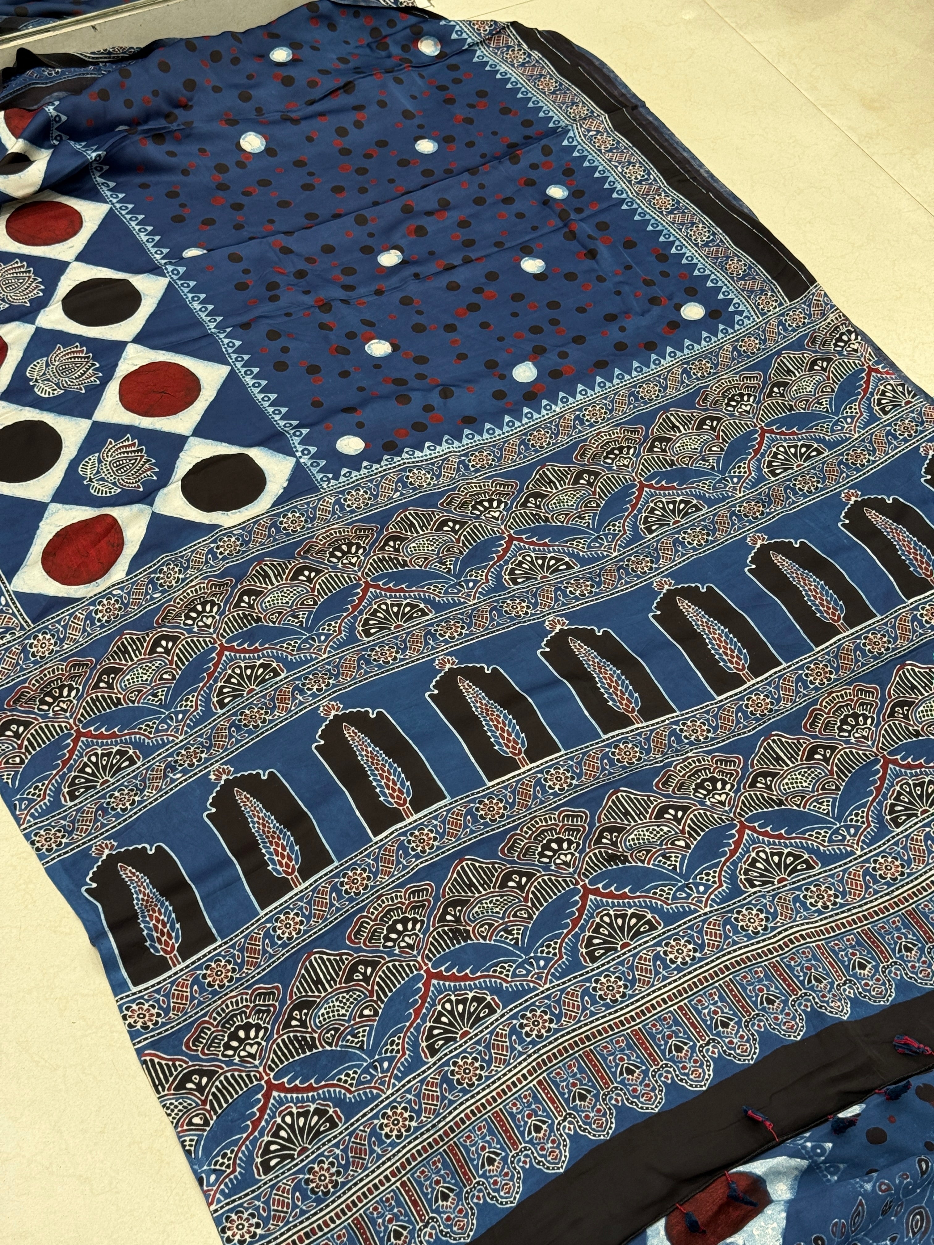 Blue Polka Dots Ajrakh Block Print Hand Pure Gajji Silk Saree