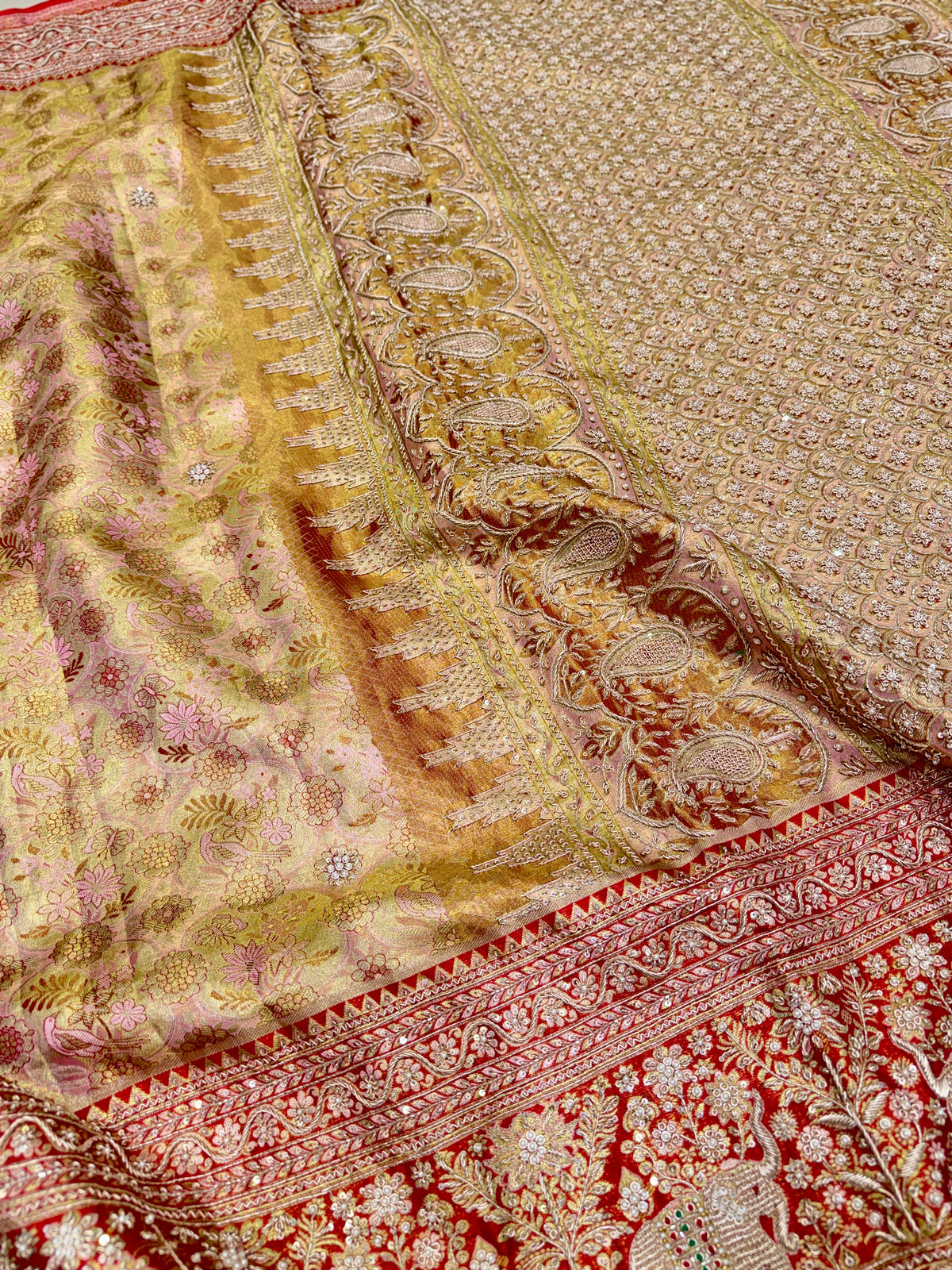 Light Pink Elephant Motif Meenakari Tissue Kanjivaram Zardosi Hand Embroidery Saree
