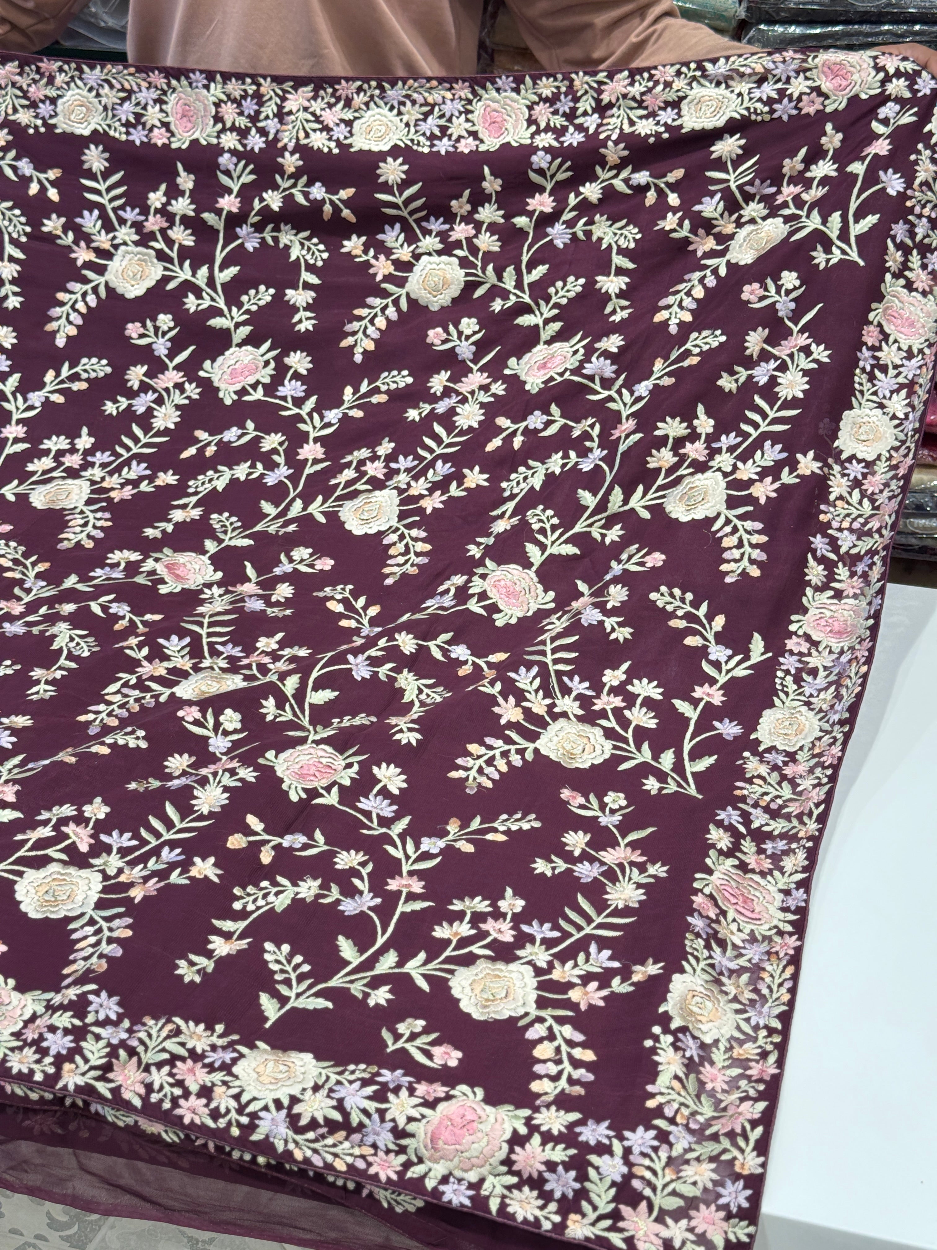 Wine Floral Parsi Gara Jaal Saree