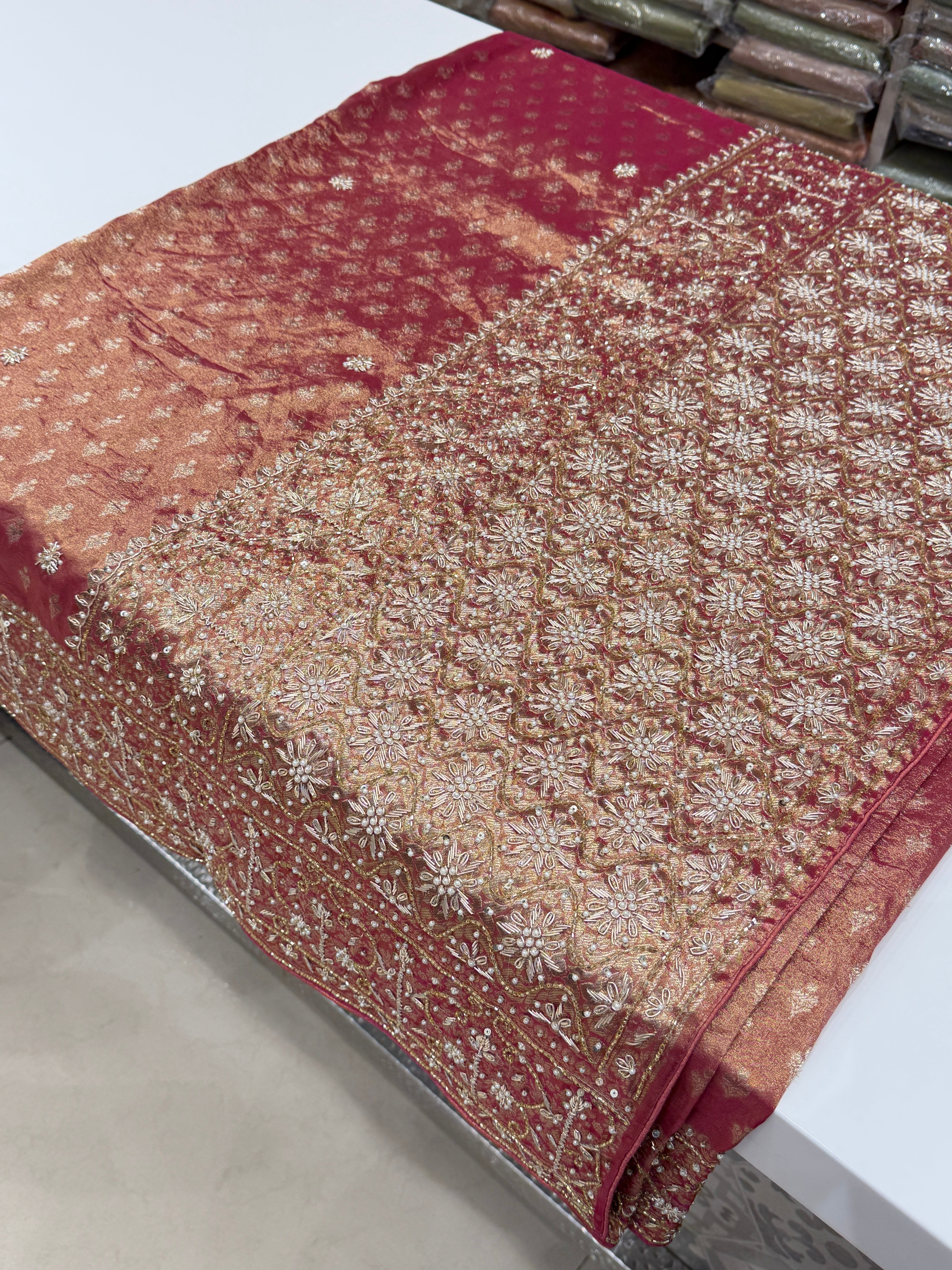 Red Tissue Banarasi Buttis Zardosi Embroidery Saree