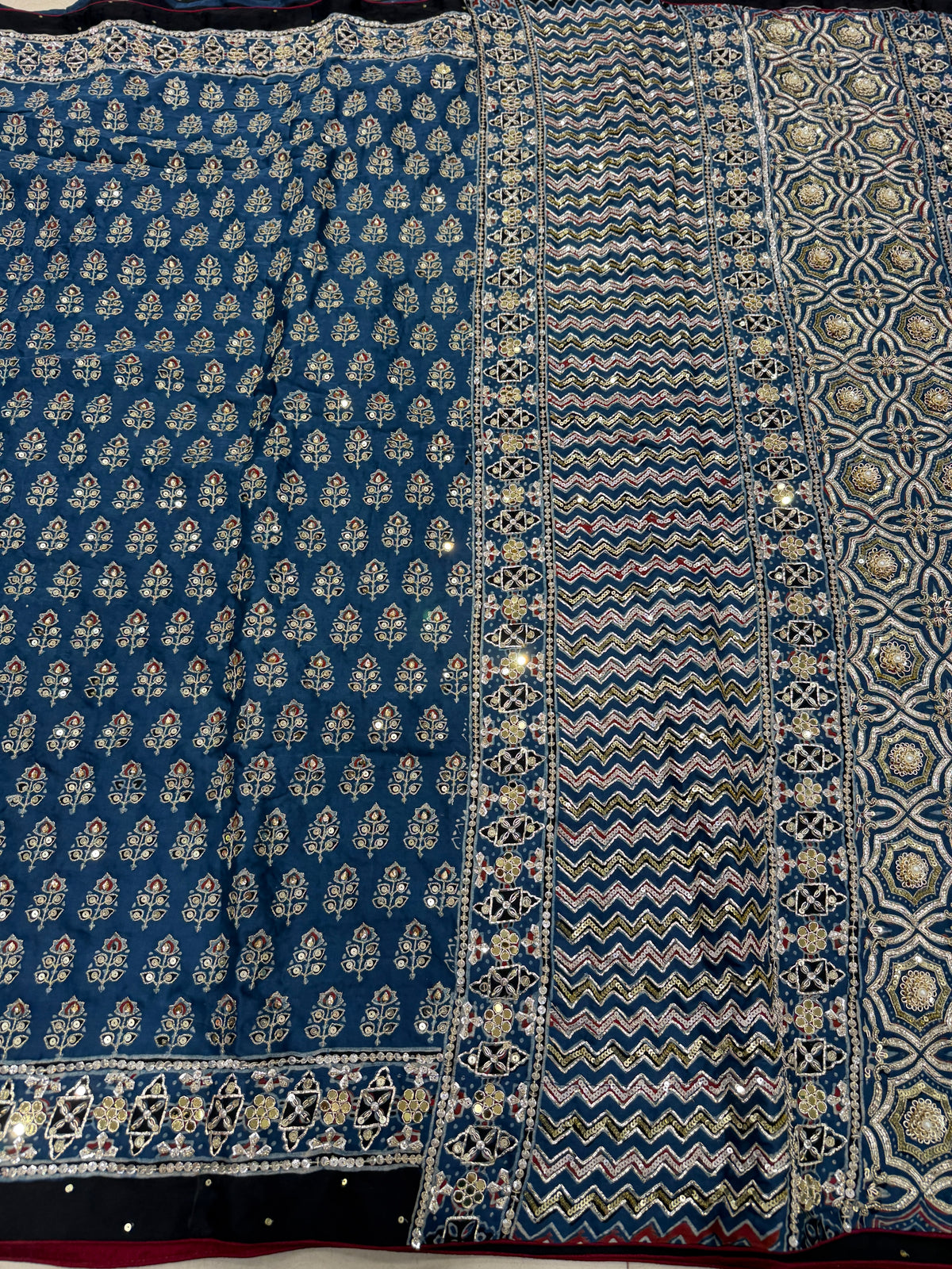 Blue Keri Butti Pita Sequin Ajrakh Hand Embroidery Saree