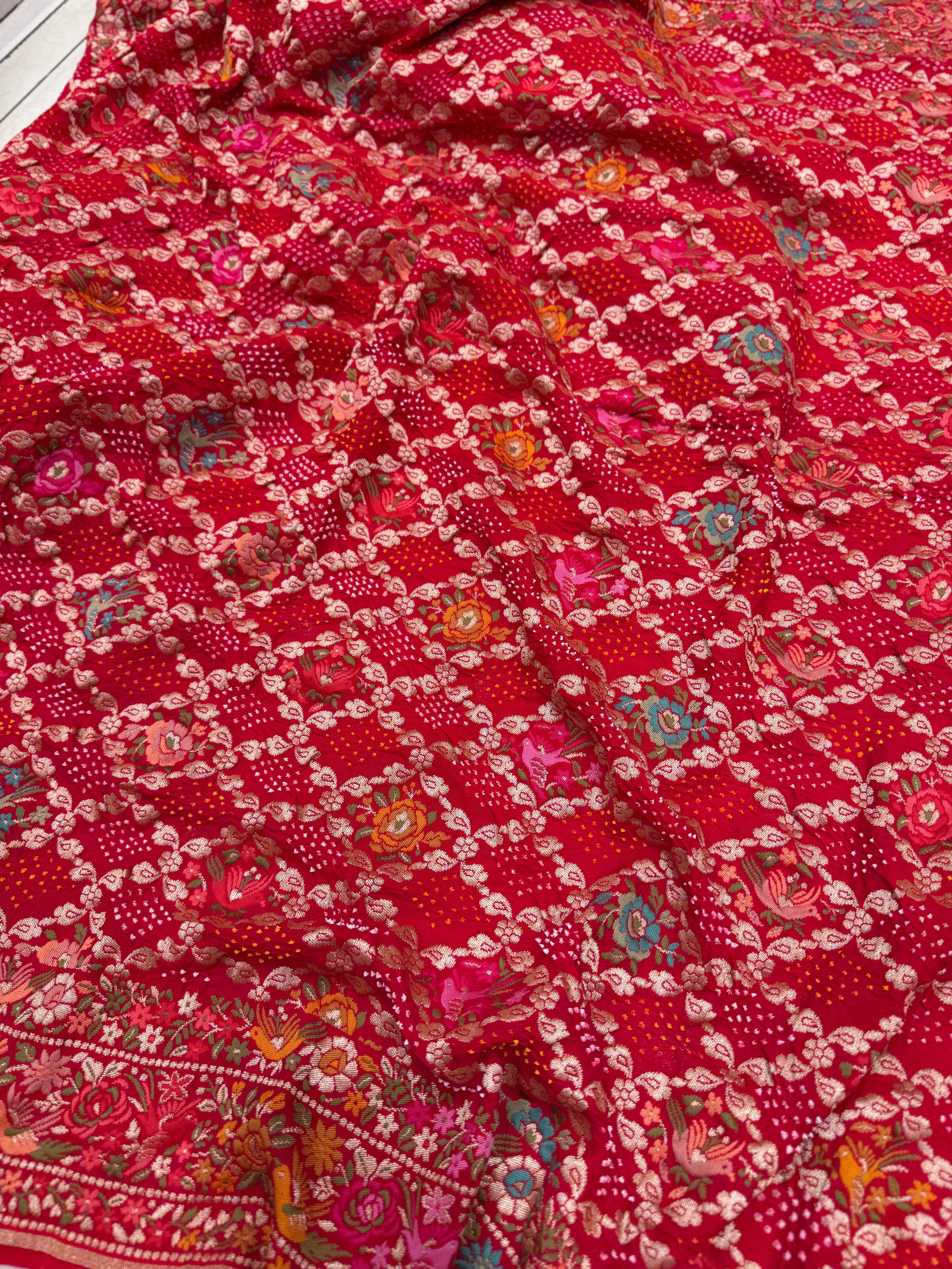 Red Parsi Gara Weaved Rani Bandhej Saree