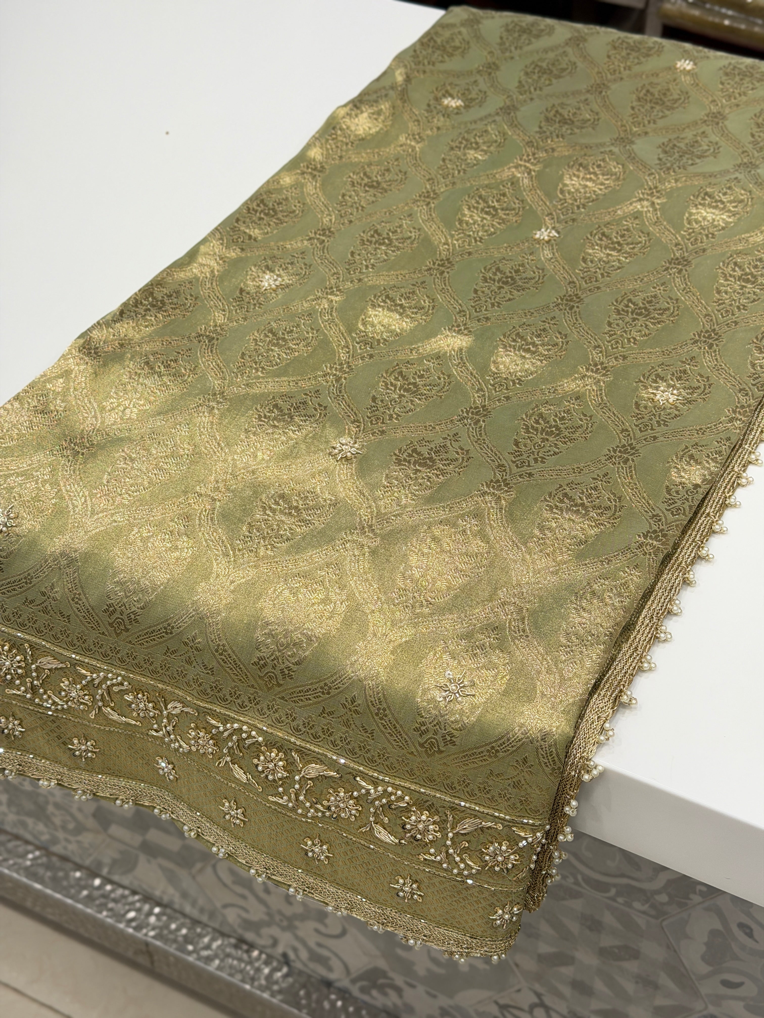 Pista Green Tissue Crown Jaal Hand Embroidery Zardosi gota Saree